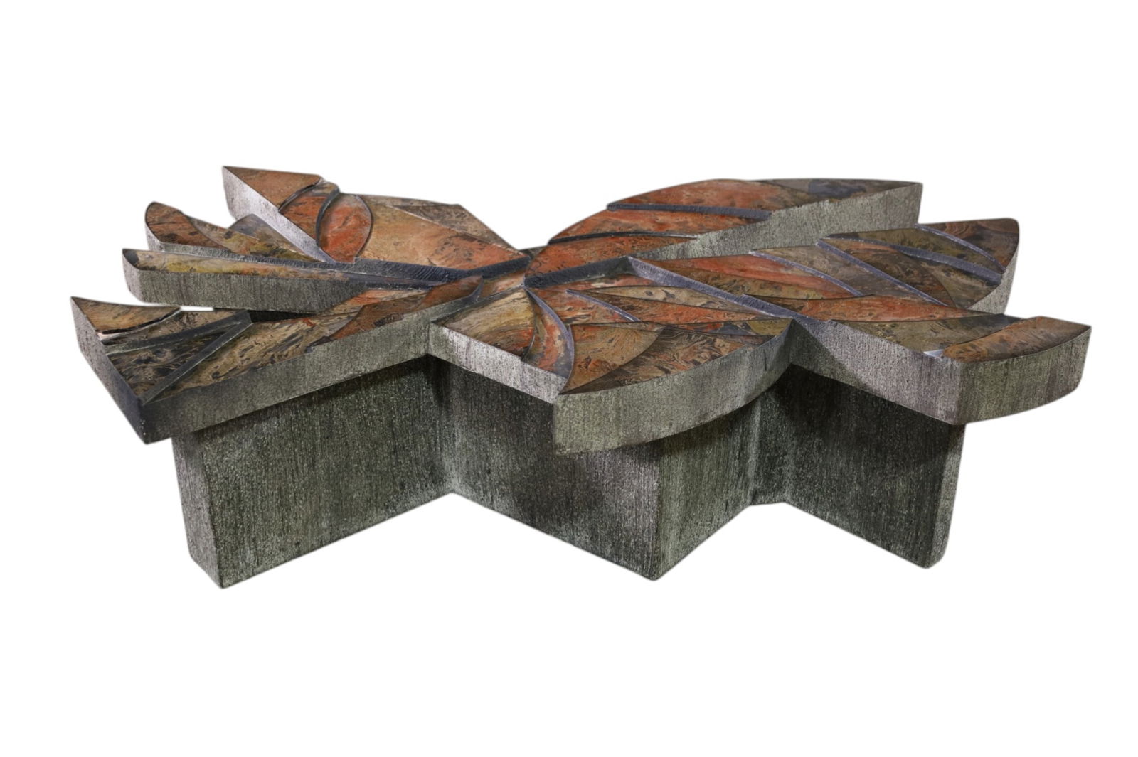 LADDIE JOHN DILL COFFEE TABLE: CARVED RESIN, FAUX STONE COFFEE TABLE. SMALL CHIPS ALONG EDGE. 55" W x 30" D x 14" H. THIS ITEM EXCEEDS SIZE LIMITATIONS FOR IN HOUSE SHIPPING, MUST BE PICKED UP IN HOUSE OR SHIPPED VIA 3rd PARTY