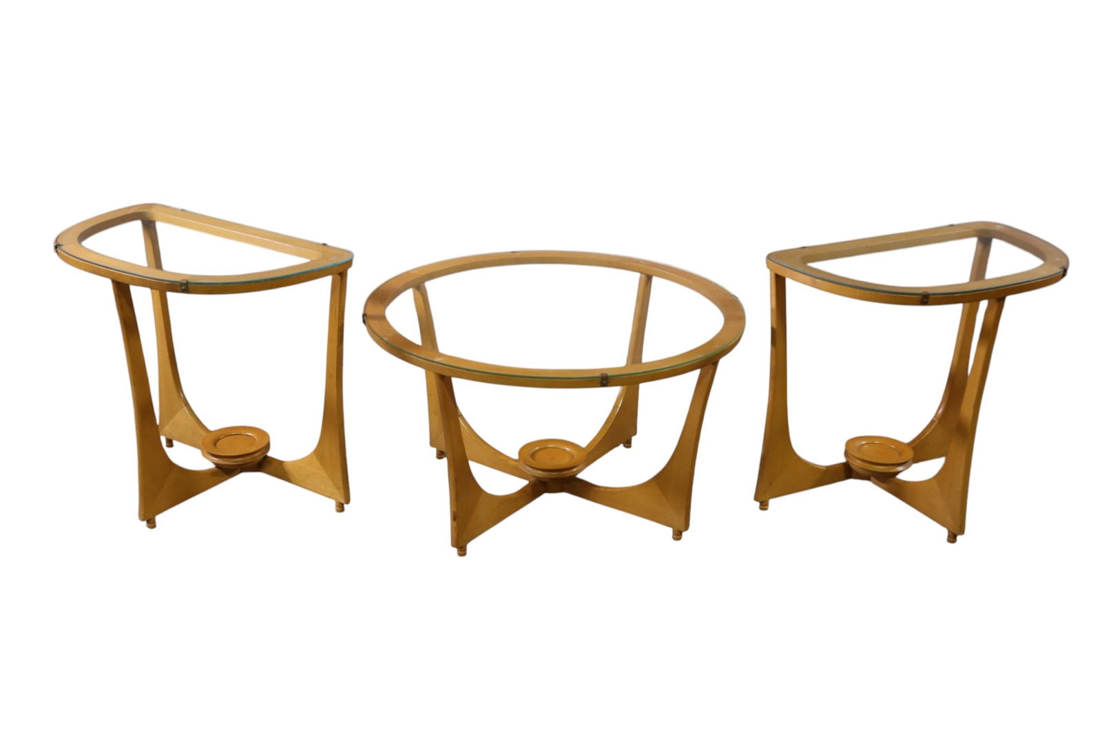 3 PIECE LIVING ROOM SET: GLASS TOP, COFFEE TABLE & PAIR OF GLASS TOP END TABLES. 3 PIECE LIVING ROOM SET. 30" DIAM x 17" H. & 24" W x 14" D x 22" H. THIS ITEM EXCEEDS SIZE LIMITATIONS FOR IN HOUSE SHIPPING, MUST BE PICKED