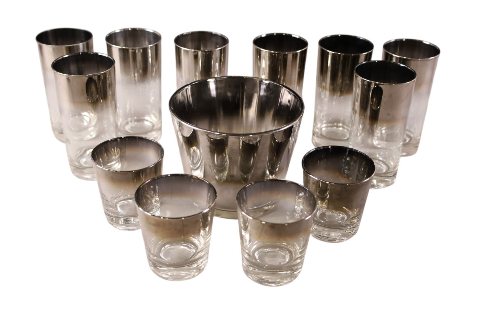 MCM DRINK SET: 13 PIECE MCM DRINK SET, 8 GLASSES 4 SMALL GLASSES, & ICE BUCKET. DOROTHY THORPE STYLE BAR SET OR DRINK SET.