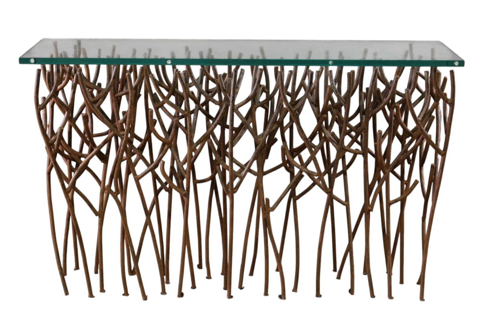 DECORATIVE IRON CONSOLE TABLE: DECORATIVE IRON TWIG FORM CONSOLE TABLE, THICK GLASS TOP. 48" L x 12" D x 30" H. THIS ITEM EXCEEDS SIZE LIMITATIONS FOR IN HOUSE SHIPPING, MUST BE PICKED UP IN HOUSE OR SHIPPED VIA 3rd PARTY