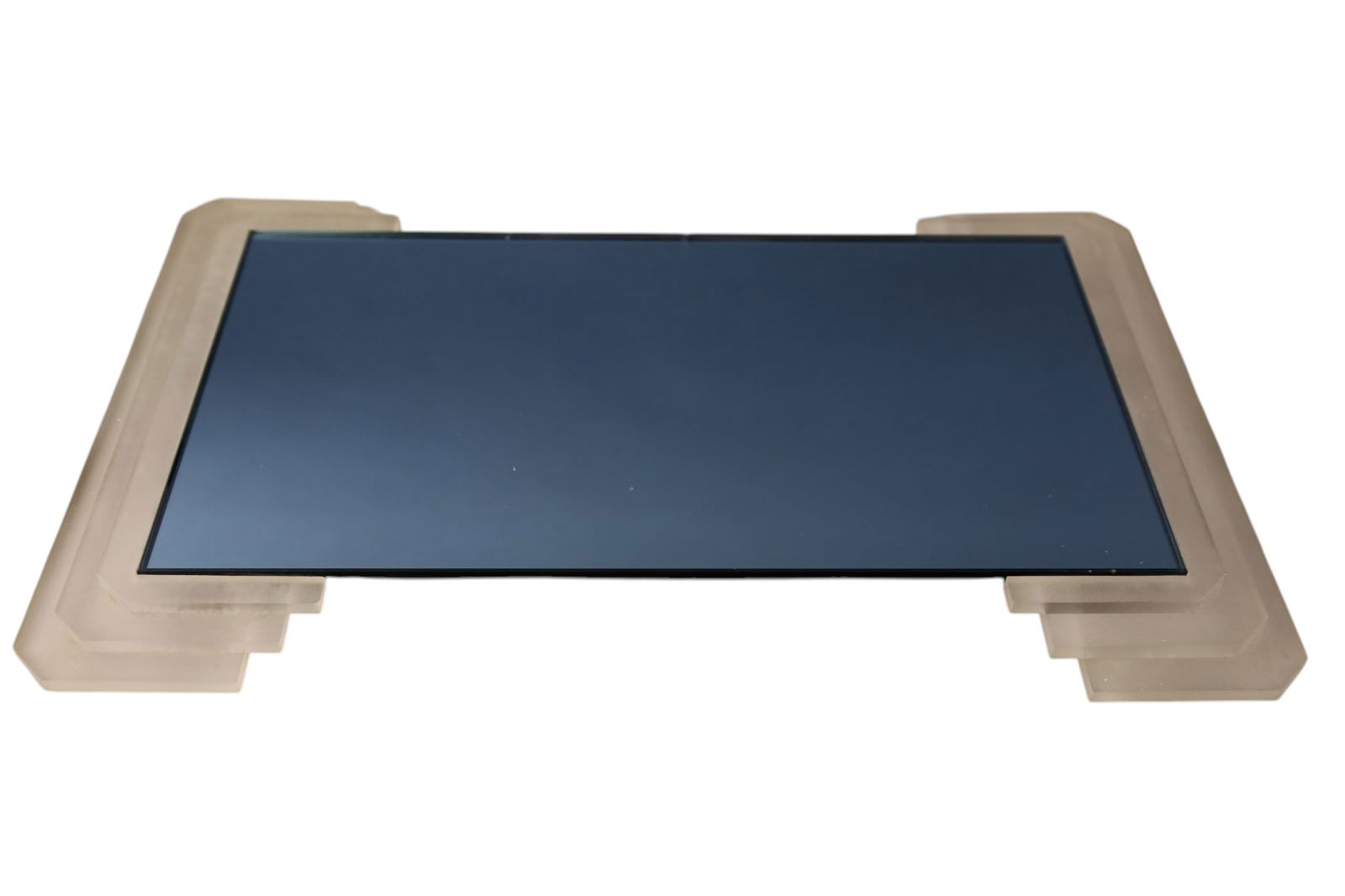 ART DECO STYLE PLATEAU MIRROR: MIRRORED ART DECO STYLE TRAY OR PLATEAU MIRROR, CHIP TO MIRROR, SIGNED MIRAGE. 17" x 11