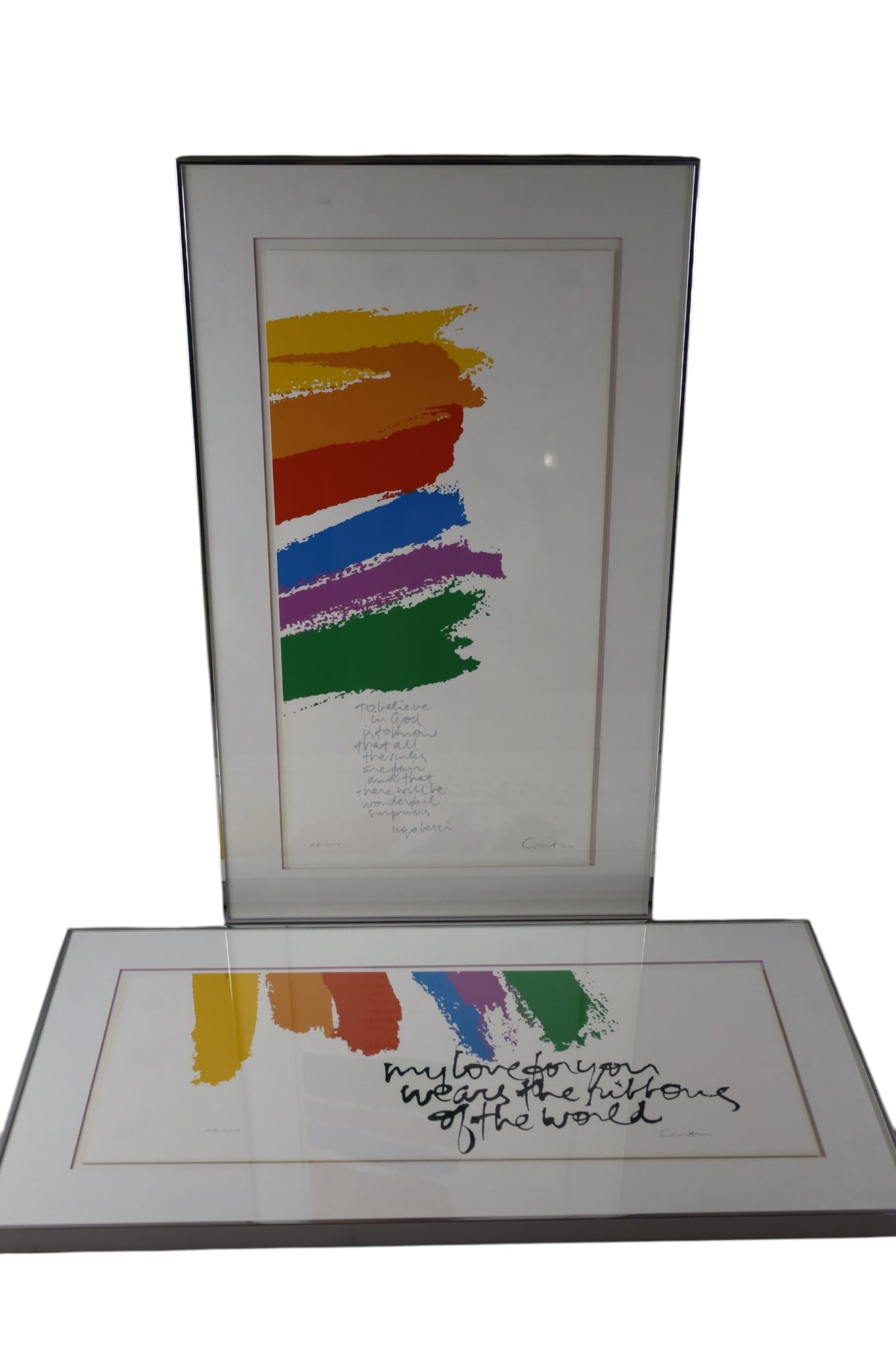 2 SISTER MARY CORITA KENT SCREENPRINTS: FRAMED SCREENSPRINTS, EDITION 200, TITLED RIBBONS OF THE WORLD, & PROMISE. 28" x 17"