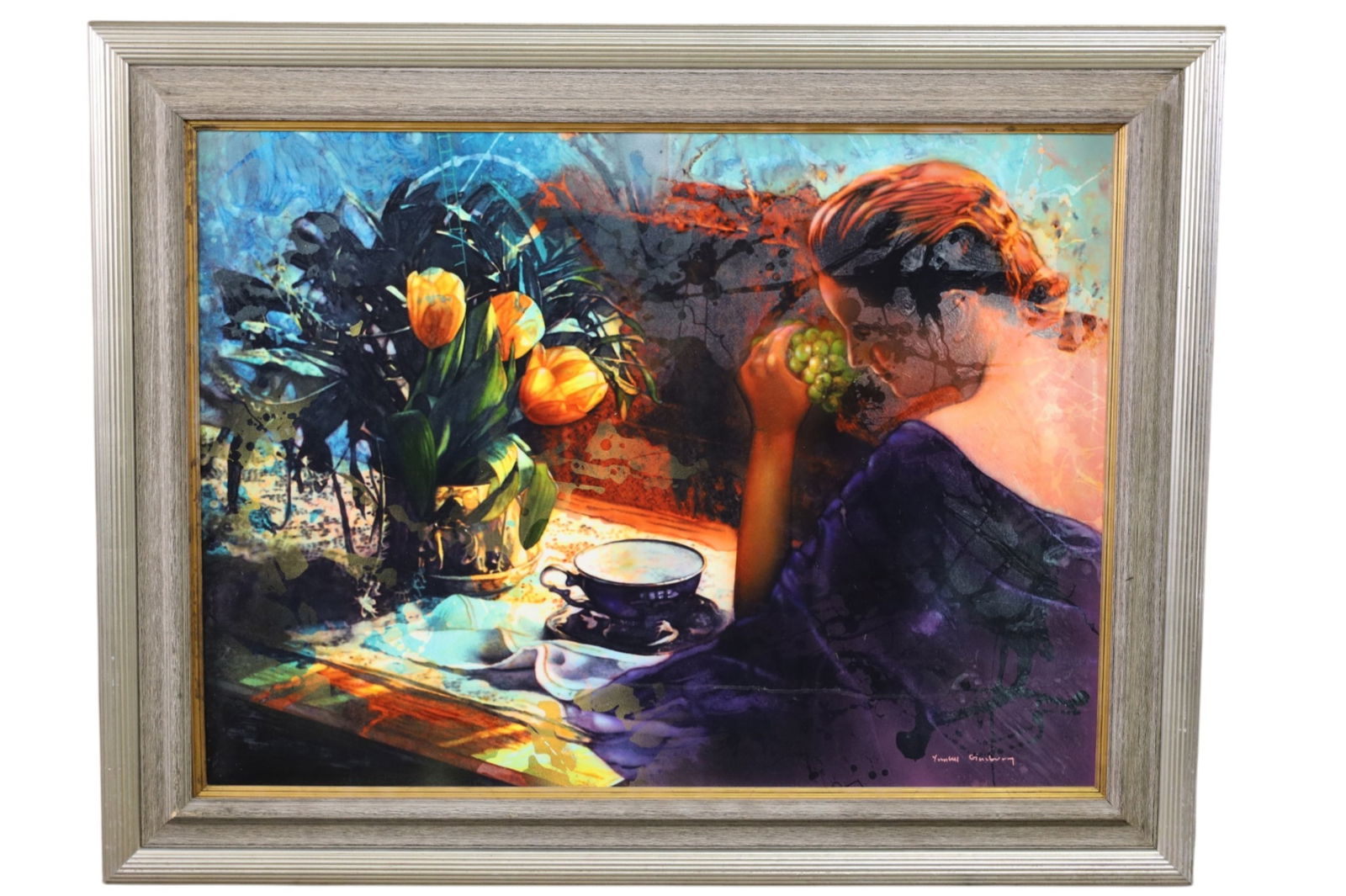 YANKEL GINZBURG ACRYLIC PAINTING: TITLED POETRY IN LIGHT, SIGNED YANKEL GINZBURG. 53" x 42" IN FRAME. THIS ITEM EXCEEDS SIZE LIMITATIONS FOR IN HOUSE SHIPPING, MUST BE PICKED UP IN HOUSE OR SHIPPED VIA 3rd PARTY GROUND SHIPPER.