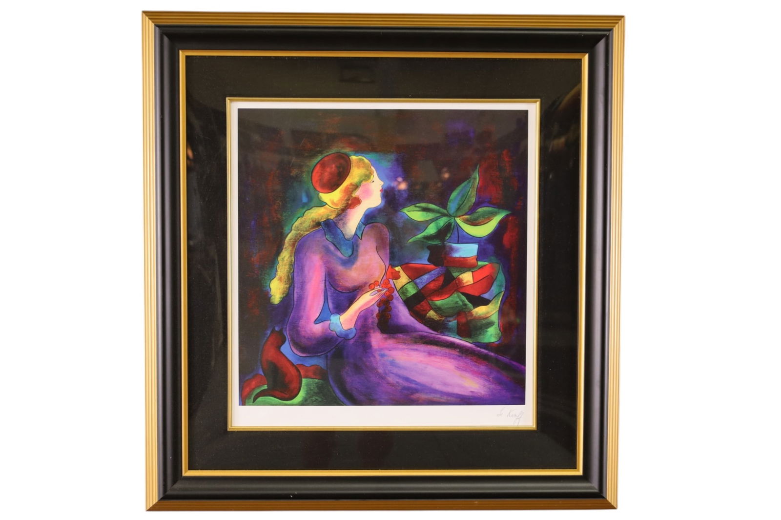 LINDA LE KINFF LITHOGRAPH: TITLED PASSING TIME WITH MAX, FRAMED LITHOGRAPH. SIGNED LOWER RIGHT. 27" x 28 1/2"