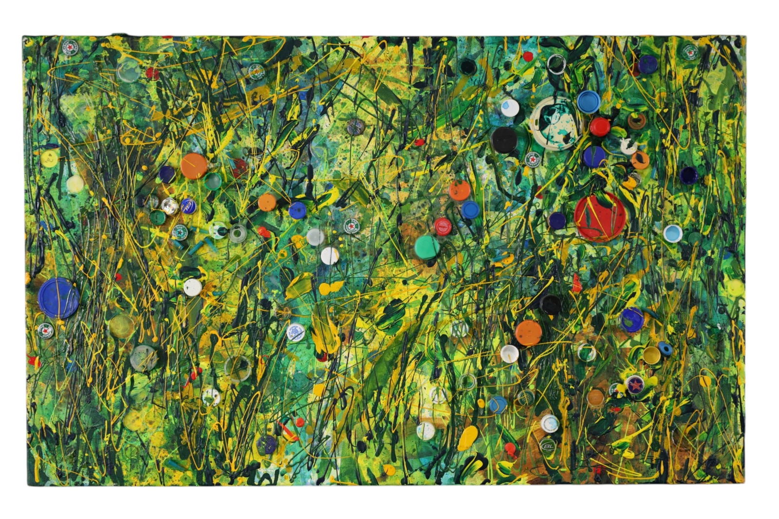 LOREEN MATSUSHIMA WALL HANGING: TITLED THE IRONIC SYMPHONY NATURE IN RECYCLED FORMS. 48" x 30" THIS ITEM EXCEEDS SIZE LIMITATIONS FOR IN HOUSE SHIPPING, MUST BE PICKED UP IN HOUSE OR SHIPPED VIA 3rd PARTY GROUND SHIPPER.