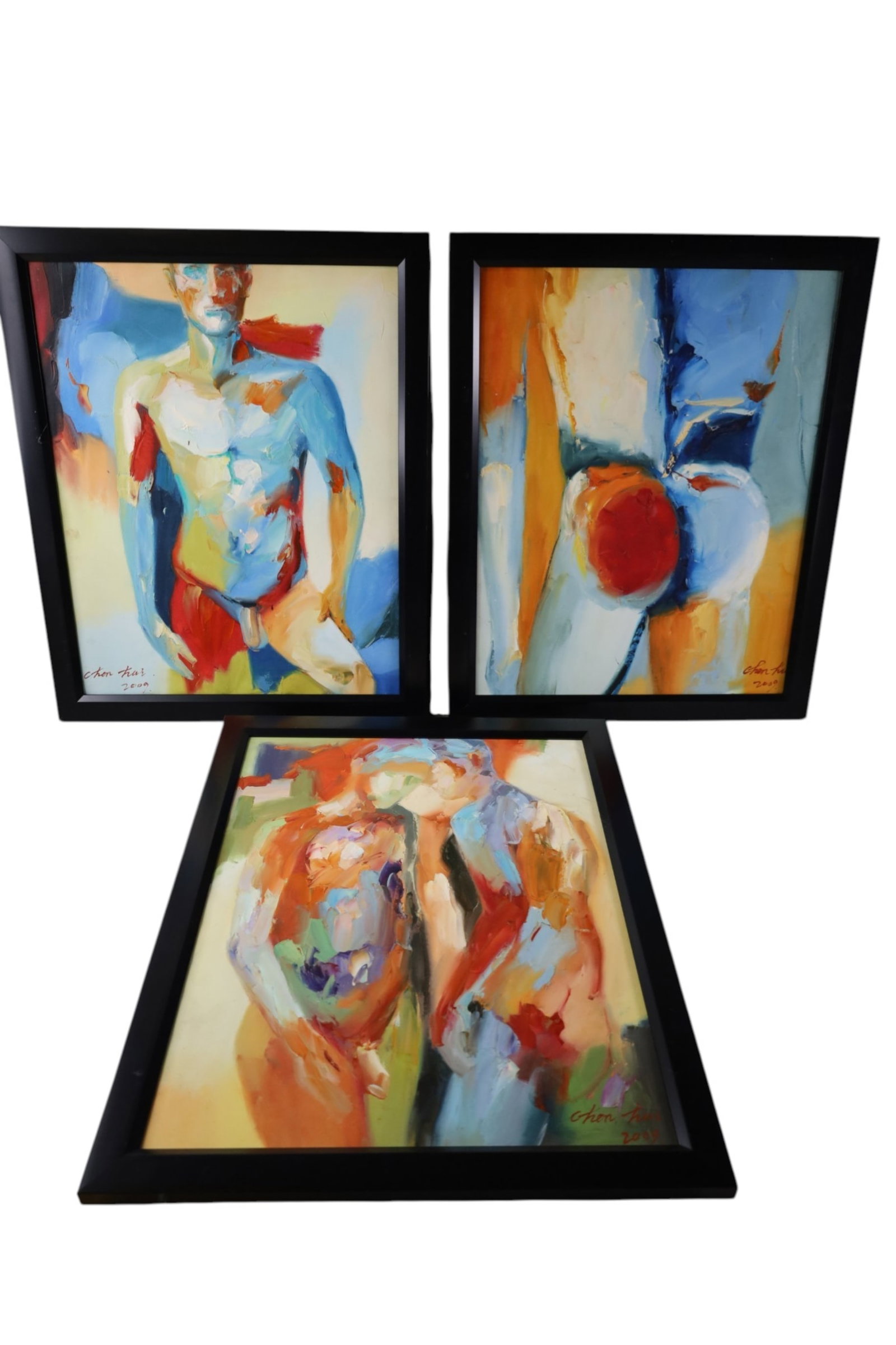 3 EROTIC PAINTINGS: OIL ON CANVAS, SIGNED AND DATED 2009. CHEN. 18" x 22"