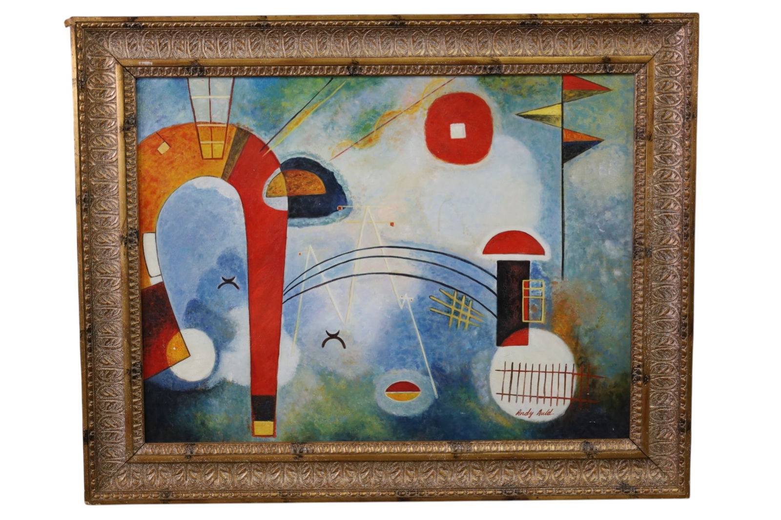 ANDY AULD ABSTRACT PAINTING: OIL ON CANVAS, SIGNED LOWER RIGHT, ABSTRACT PAINTING. 49" x 39" THIS ITEM EXCEEDS SIZE LIMITATIONS FOR IN HOUSE SHIPPING, MUST BE PICKED UP IN HOUSE OR SHIPPED VIA 3rd PARTY GROUND SHIPPER.