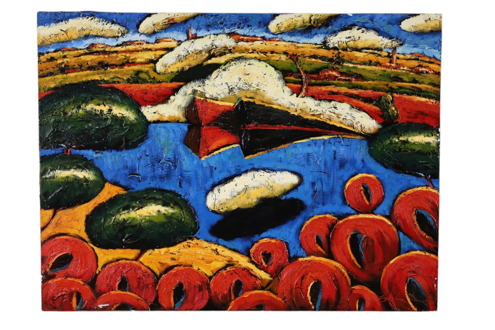 SERGEY CHEREP OIL PAINTING: UNFRAMED OIL ON CANVAS, SIGNED, TITLED LAKE SIDE POPPIES. 48" x 36" THIS ITEM EXCEEDS SIZE LIMITATIONS FOR IN HOUSE SHIPPING, MUST BE PICKED UP IN HOUSE OR SHIPPED VIA 3rd PARTY GROUND SHIPPER.