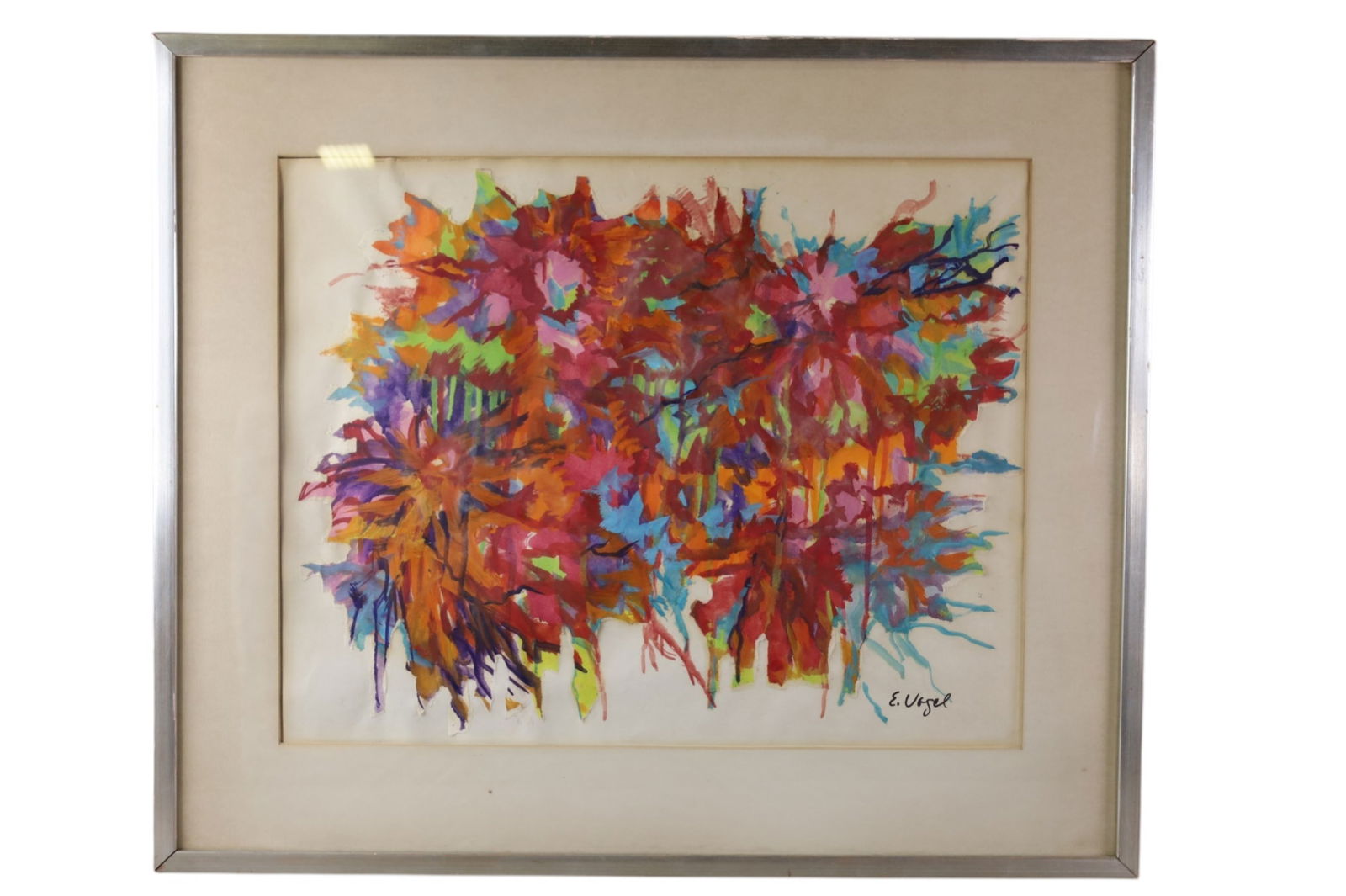 MIXED MEDIA ABSTRACT: SIGNED LOWER RIGHT, WATER DAMAGE, FOXING TO MATING. 31" x 26"