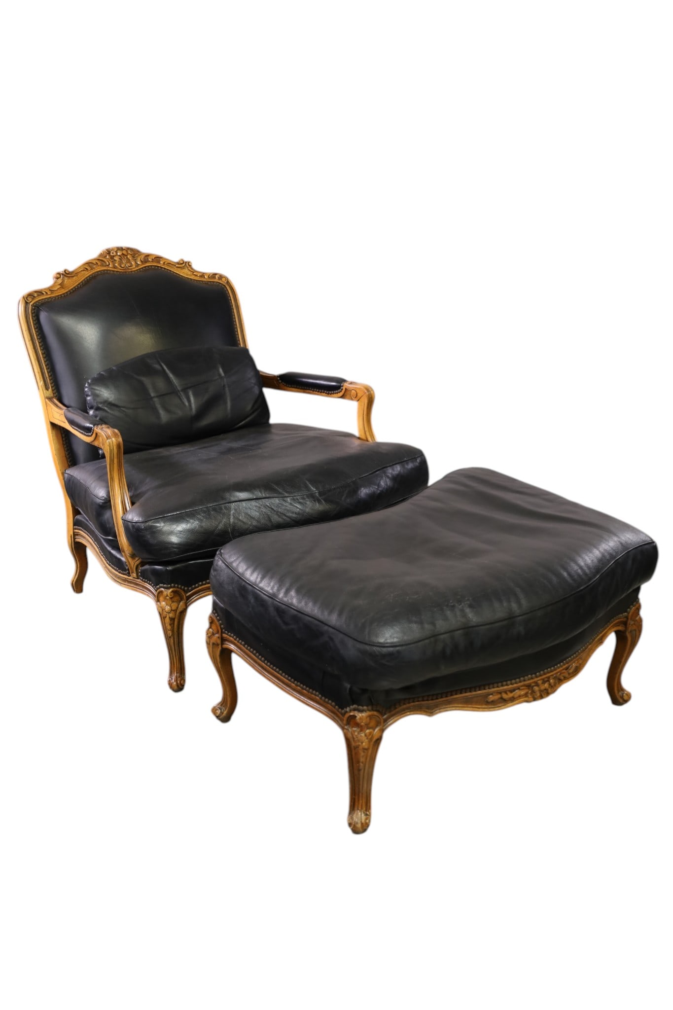 CONTEMPORARY LOUNGE CHAIR & OTTOMAN: FRENCH STYLE CONTEMPORARY LOUNGE CHAIR AND OTTOMAN, CARVED FRAME. 35" W x 30" D x 37" H. & 34" W x 24" D x 18" H. THIS ITEM EXCEEDS SIZE LIMITATIONS FOR IN HOUSE SHIPPING, MUST BE PICKED UP IN