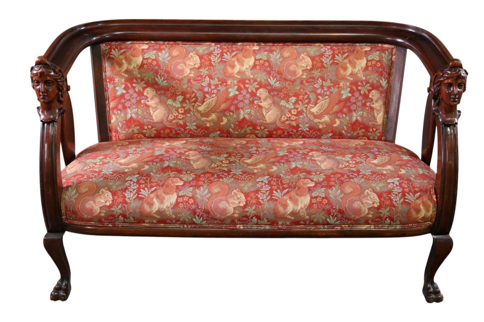 VICTORIAN FIGURAL SETTEE: FIGURAL CARVED VICTORIAN SETTEE, FLORAL AND SQUIRREL UPHOSLTERY. 53" W x 27" D x 32" H. THIS ITEM EXCEEDS SIZE LIMITATIONS FOR IN HOUSE SHIPPING, MUST BE PICKED UP IN HOUSE OR SHIPPED VIA 3rd