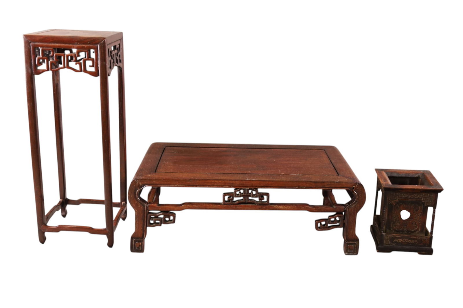 CHINESE TABLE ITEMS: 3 CHINESE TABLE ITEMS, SMALL ALTAR, PLANT STAND, & CANDLE HOLDER. 6" - 16" H.