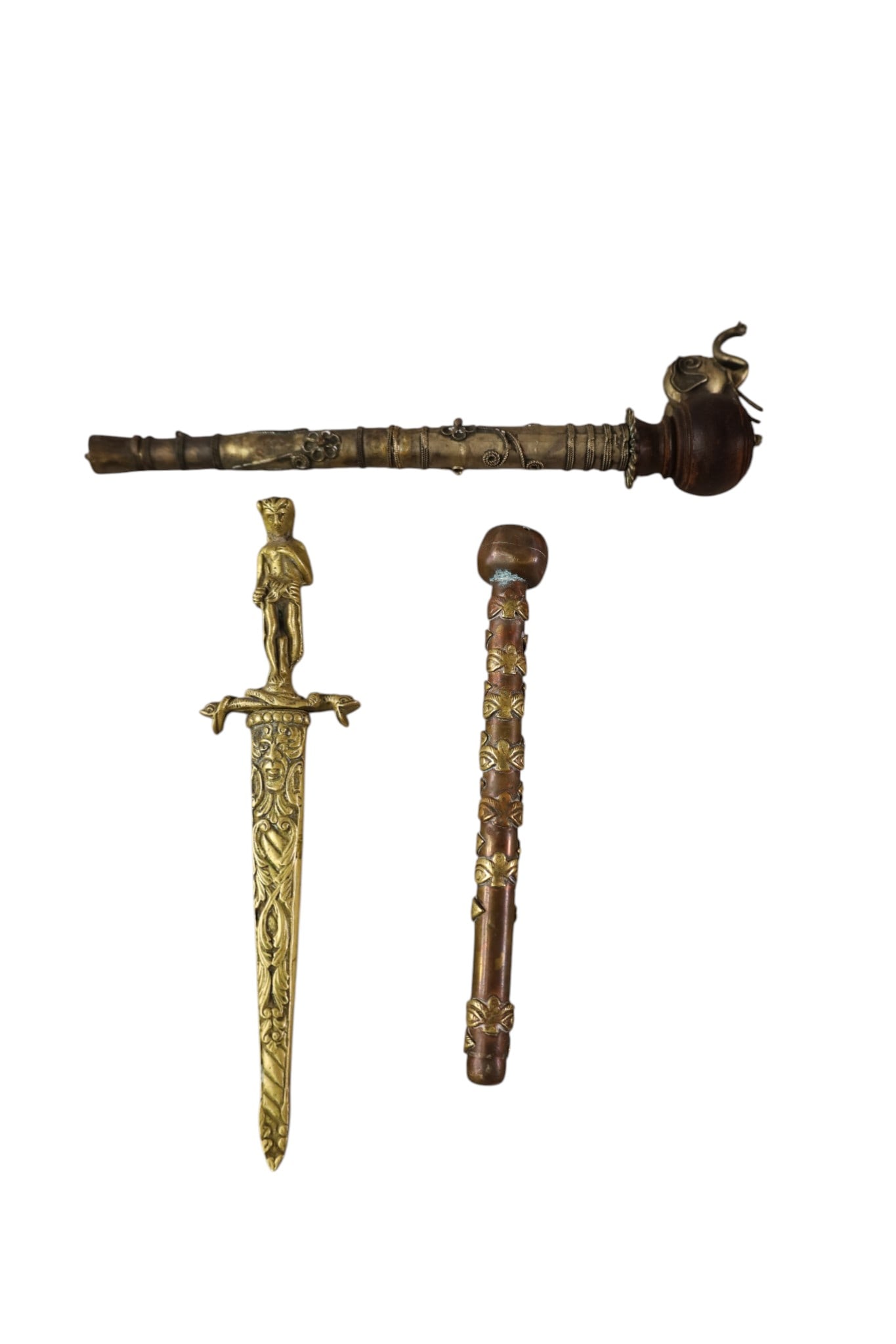 3 ASIAN TABLE ITEMS: TIBETAN RATTLES, & BRONZE LETTER OPENER. 7" - 10" L.