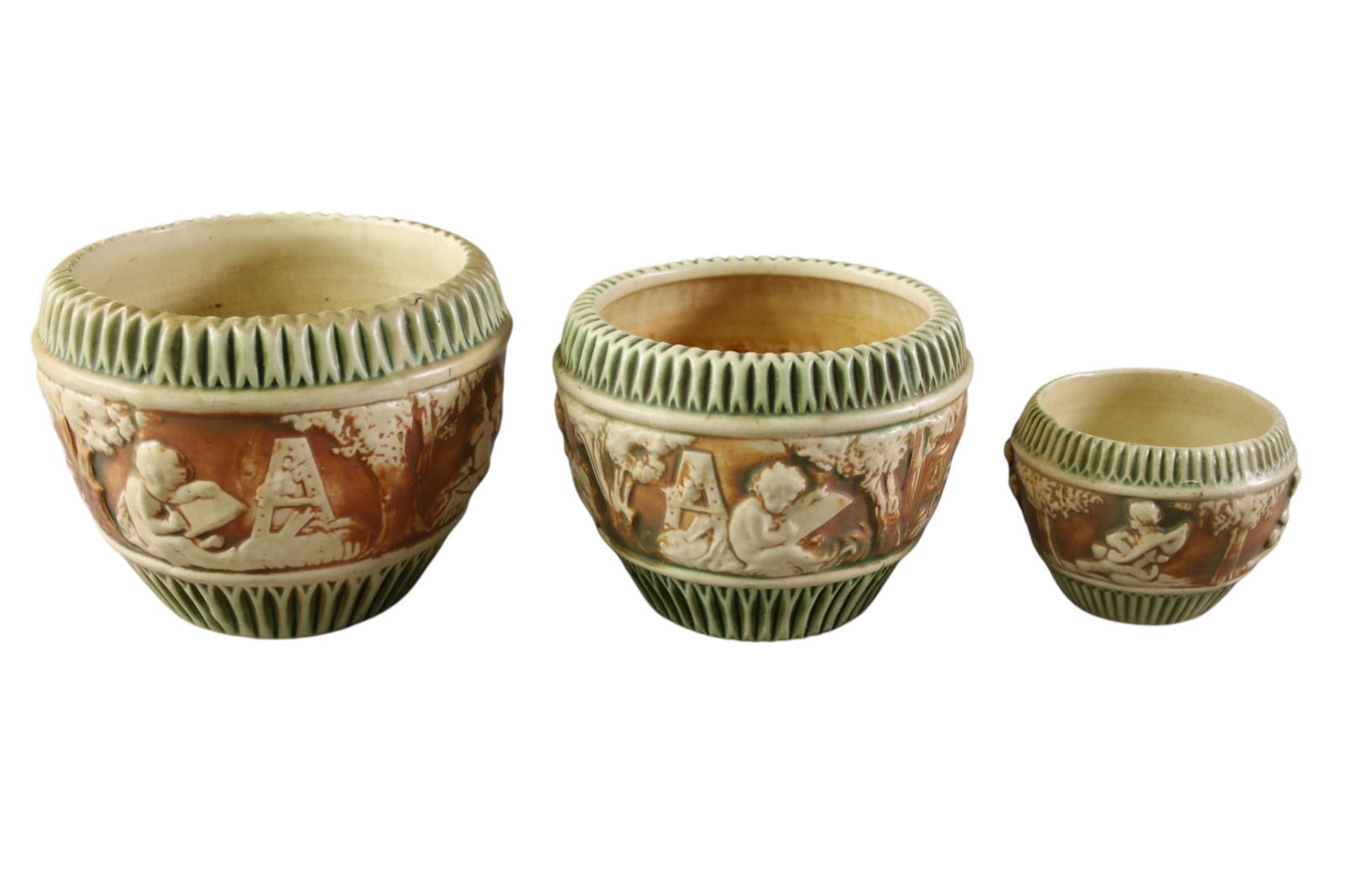 3 ROSEVILLE DONATELLO PLANTERS: ROSEVILLE POTTERY DONATELLO PLANTERS. 5" - 8 1/2" DIAM