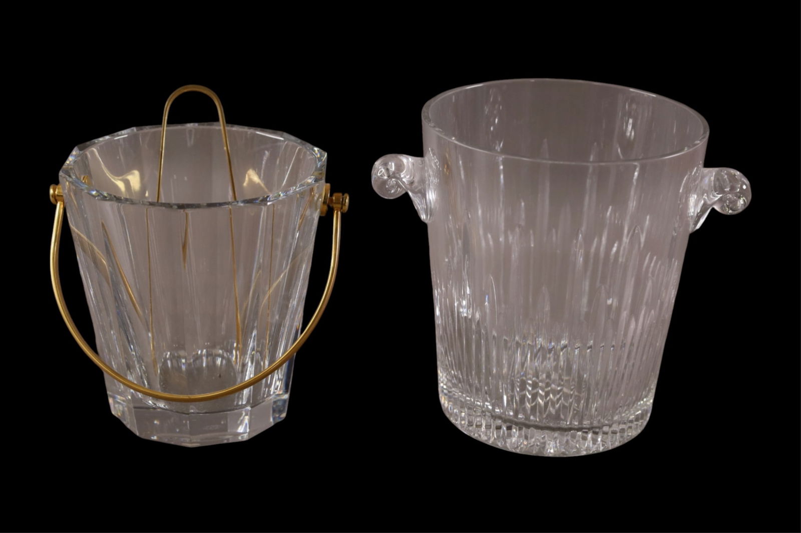2 CRYSTAL ICE BUCKETS: 2 CRYSTAL ICE BUCKETS, BACCARAT ICE BUCKET WITH GOLD TRIM & WATERFORD ICE BUCKET. 7" H.