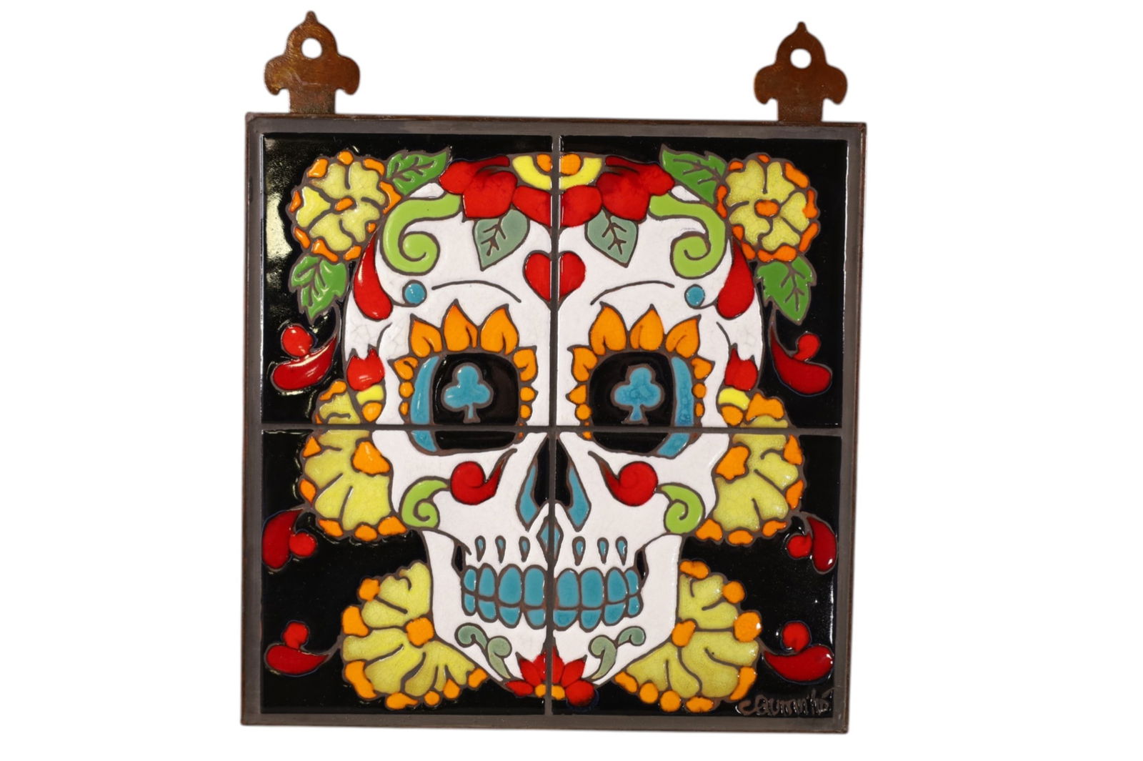 MEXICAN FRAMED TILES: IRON FRAMED MEXICAN DAY OF THE DAY TILE. 13" x 13"