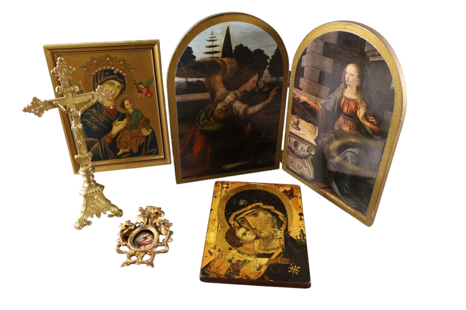 GROUPING OF RELIGIOUS ITEMS: MINIATURE PAINTING ON PORCELAIN, CRUCIFIX, 2 ICONS, & CONTEMPORARY DIPTYCH. 6" - 15" H.