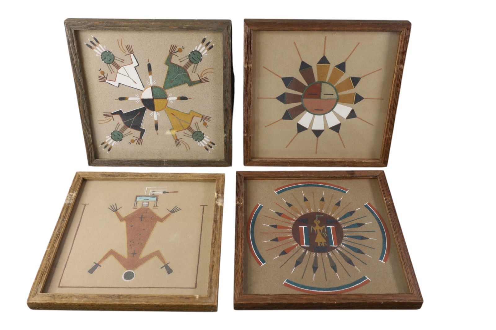 4 SAND PAINTINGS: 4 FRAMED SAND PAINTINGS, WIND PEOPLE, BY J.A. BEGAY. SUN AND EAGLE, AND MORE. 13" x 13"