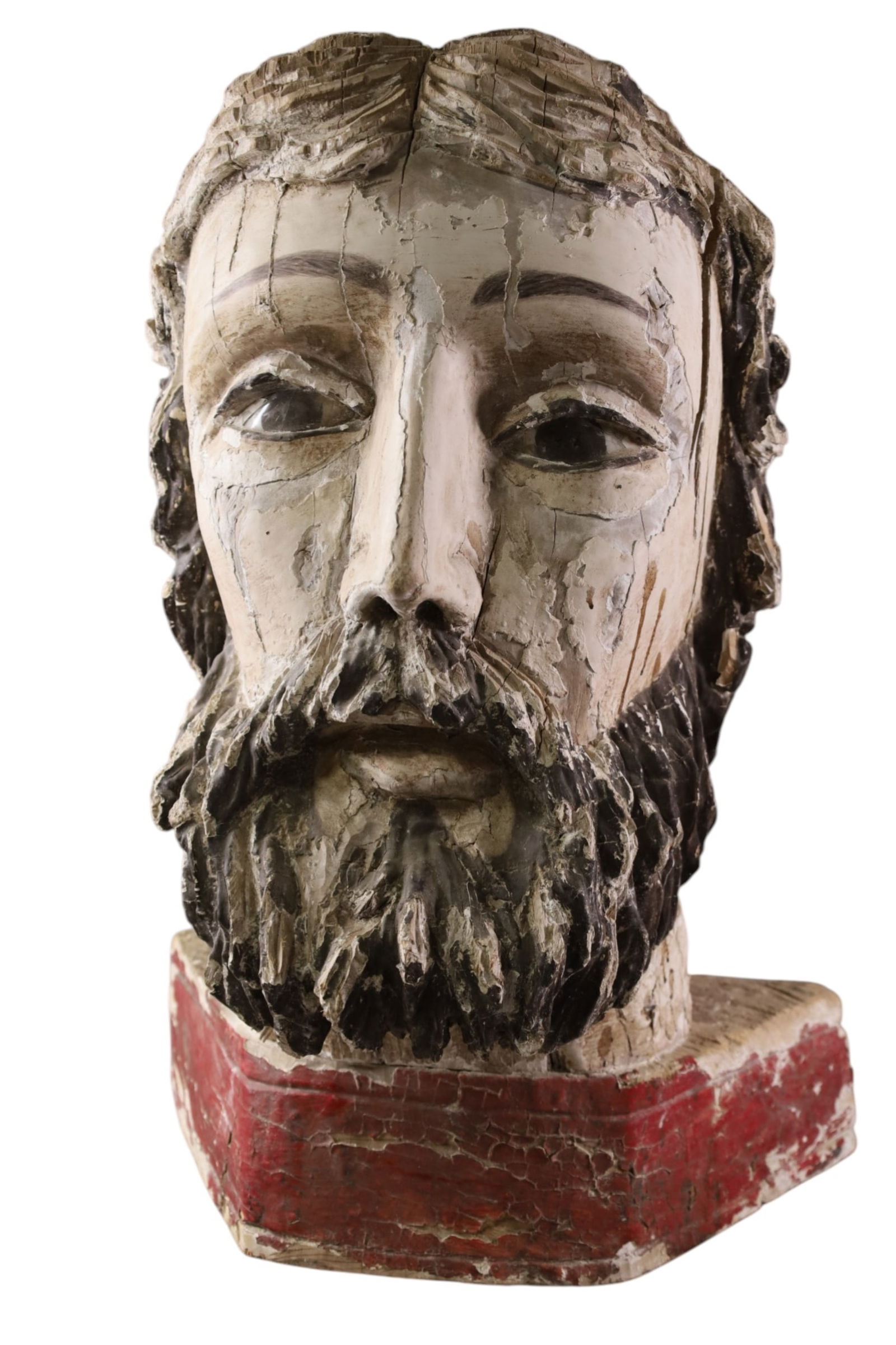 LARGE WOODEN CARVED BUST: LARGE WOODEN CARVED BUST, PAINTED FINISH, 19TH CENTURY BUST, PAINT LOSS AND CHIPS. 24" H. THIS ITEM EXCEEDS SIZE LIMITATIONS FOR IN HOUSE SHIPPING, MUST BE PICKED UP IN HOUSE OR SHIPPED VIA 3rd