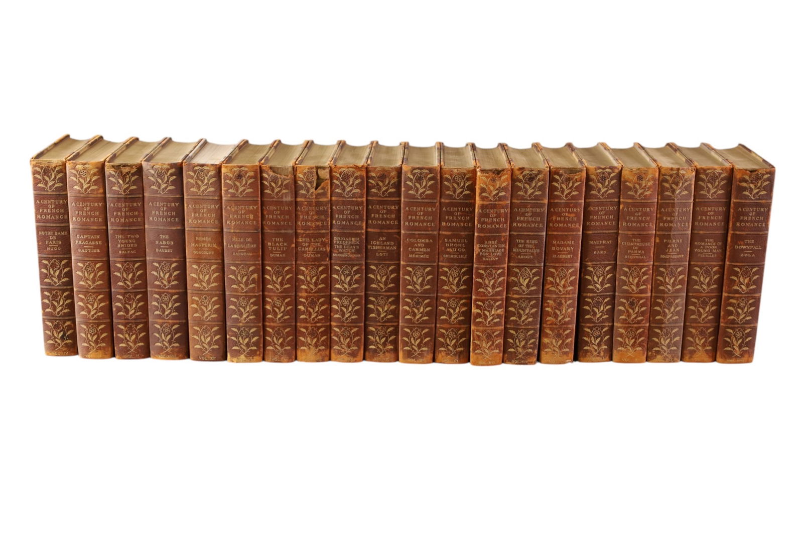 20 VOL SET OF THE CENTURY OF FRENCH ROMANCE BOOKS: LEATHER BOUND BOOKS, 20 VOL SET OF THE CENTURY OF FRENCH ROMANCE. COPYRIGHT 1902.