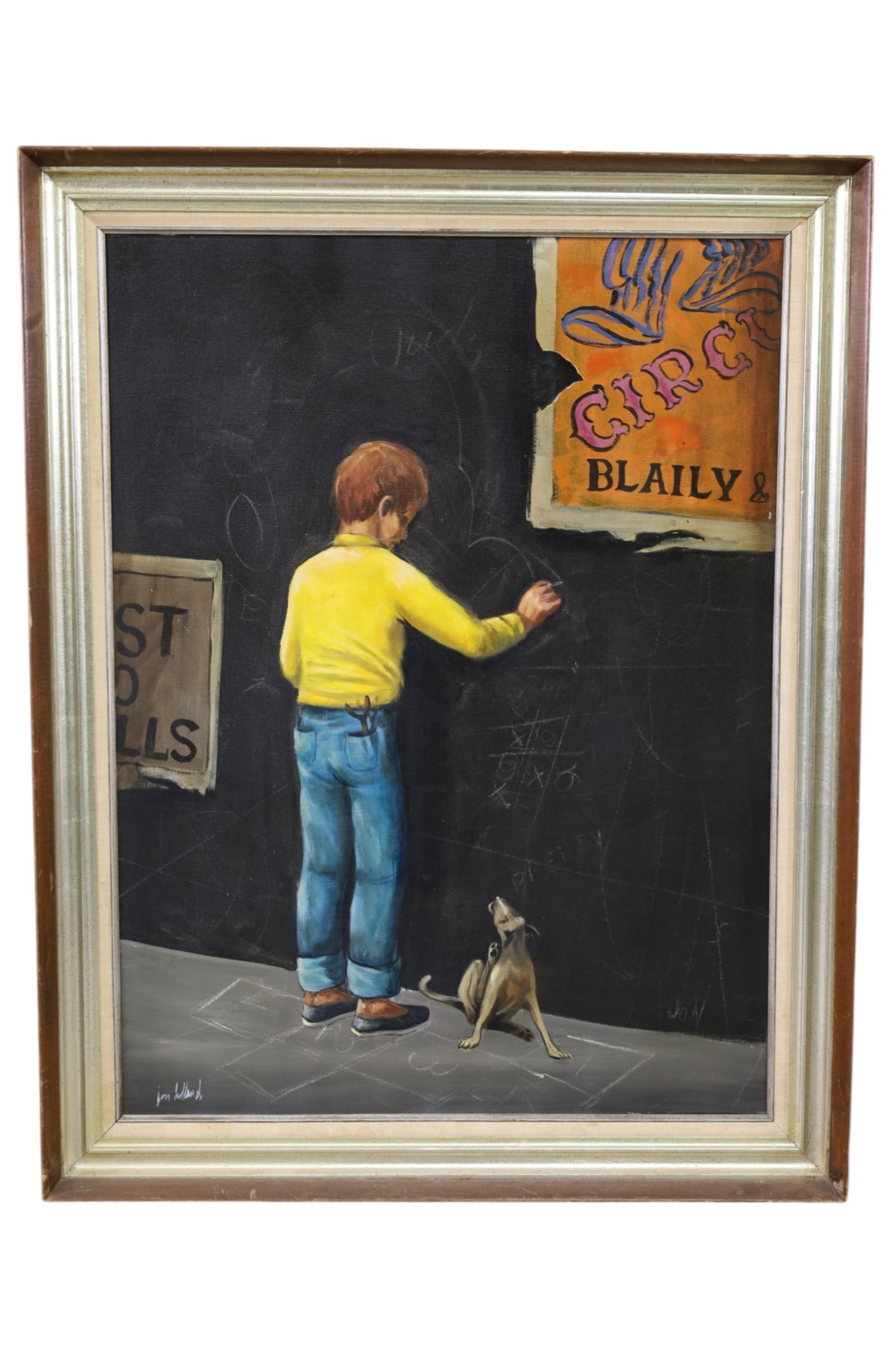 LARGE PAINTING OF A BOY: OIL ON CANVAS, PAINTING OF BOY WRITING ON WALL. SIGNED LOWER LEFT. 36" x 46" THIS ITEM EXCEEDS SIZE LIMITATIONS FOR IN HOUSE SHIPPING, MUST BE PICKED UP IN HOUSE OR SHIPPED VIA 3rd PARTY GROUND 