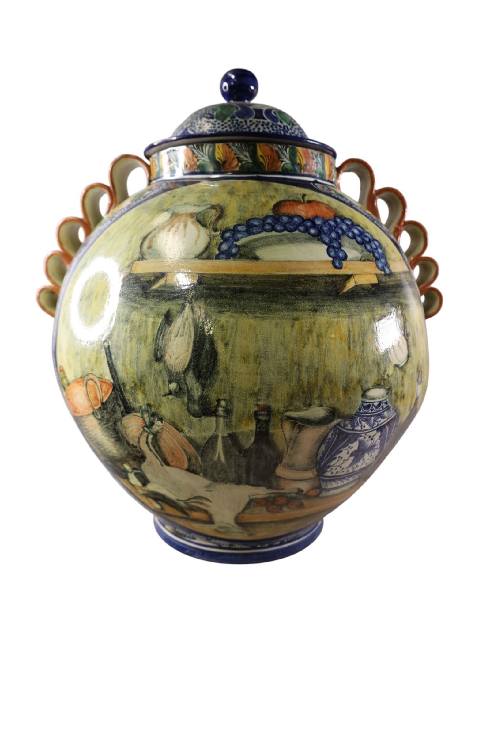 LARGE MEXICAN POTTERY POT: LIDDED MEXICAN HAND PAINTED POT, 25" H. THIS ITEM EXCEEDS SIZE LIMITATIONS FOR IN HOUSE SHIPPING, MUST BE PICKED UP IN HOUSE OR SHIPPED VIA 3rd PARTY GROUND SHIPPER.