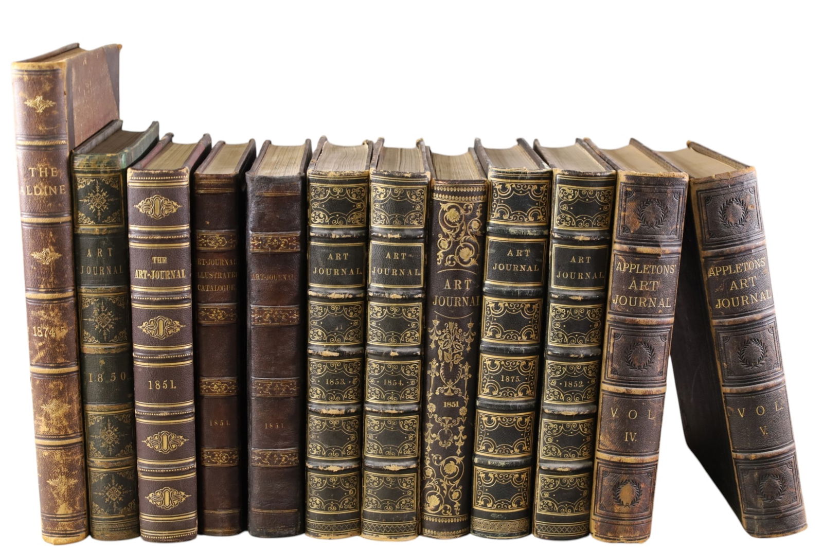 12 ANTIQUE ART JOURNALS: ART JOURNAL ILLUSTRATED CATALOGUE,, WEAR TO COVERS AND BINDINGS. CIR. 1850s & APPLETONS ART JOURNAL. 1874 ALDINE.