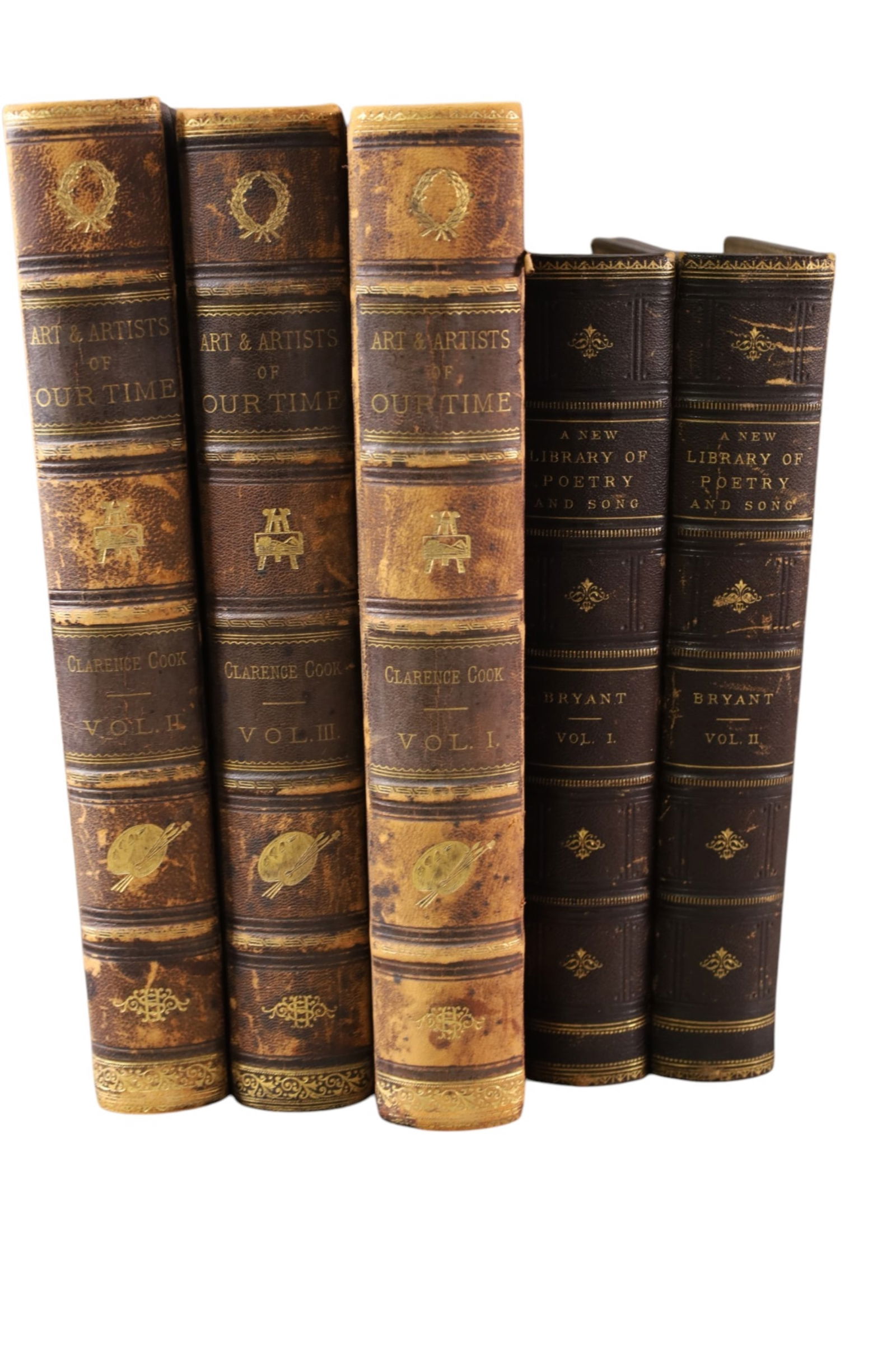 5 ANTIQUE BOOKS: 2 VOL LIBRARY OF POETRY, 1883. & 3 VOLS. ART AND ARTISTS OF OUR TIME, 1888.