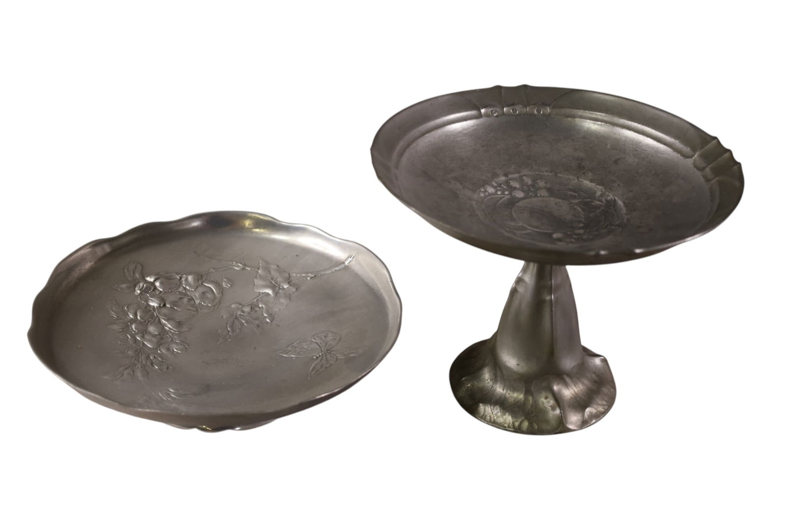 ART NOUVEAU PEWTER COMPOTES: 2 PCS. ART NOUVEAU PEWTER, 9 1/2" DIAM.