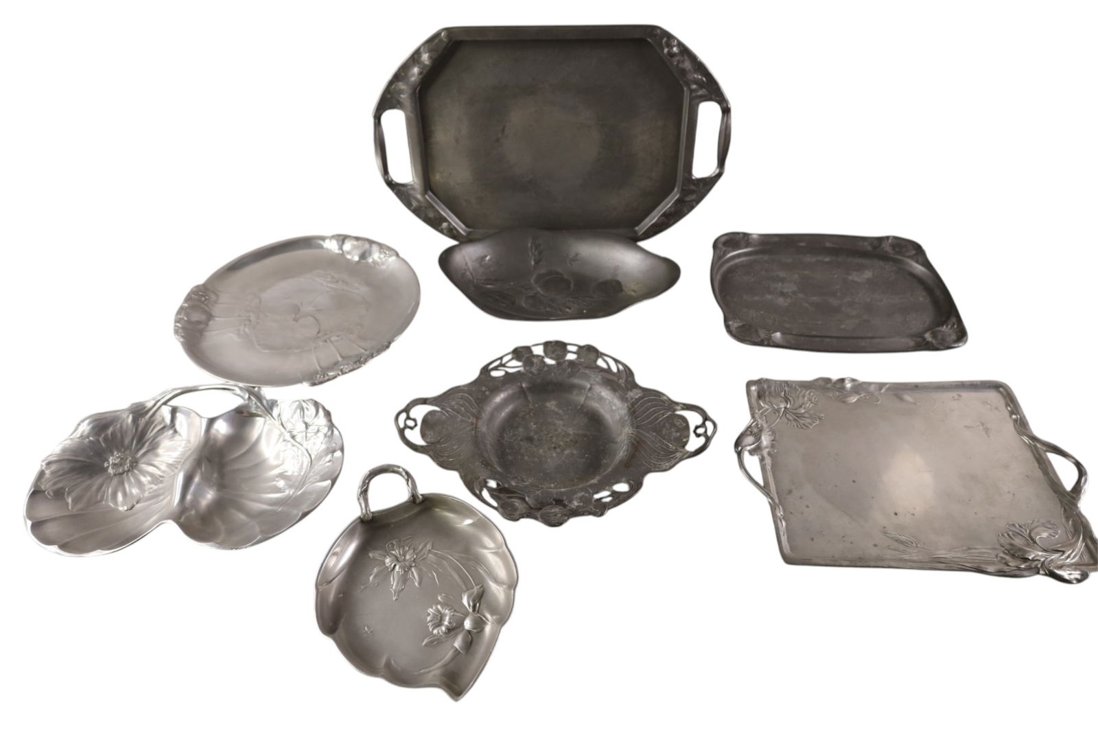 GROUPING OF PEWTER TRAYS: LARGE ART NOUVEAU PEWTER TRAYS, 9" - 18" W.