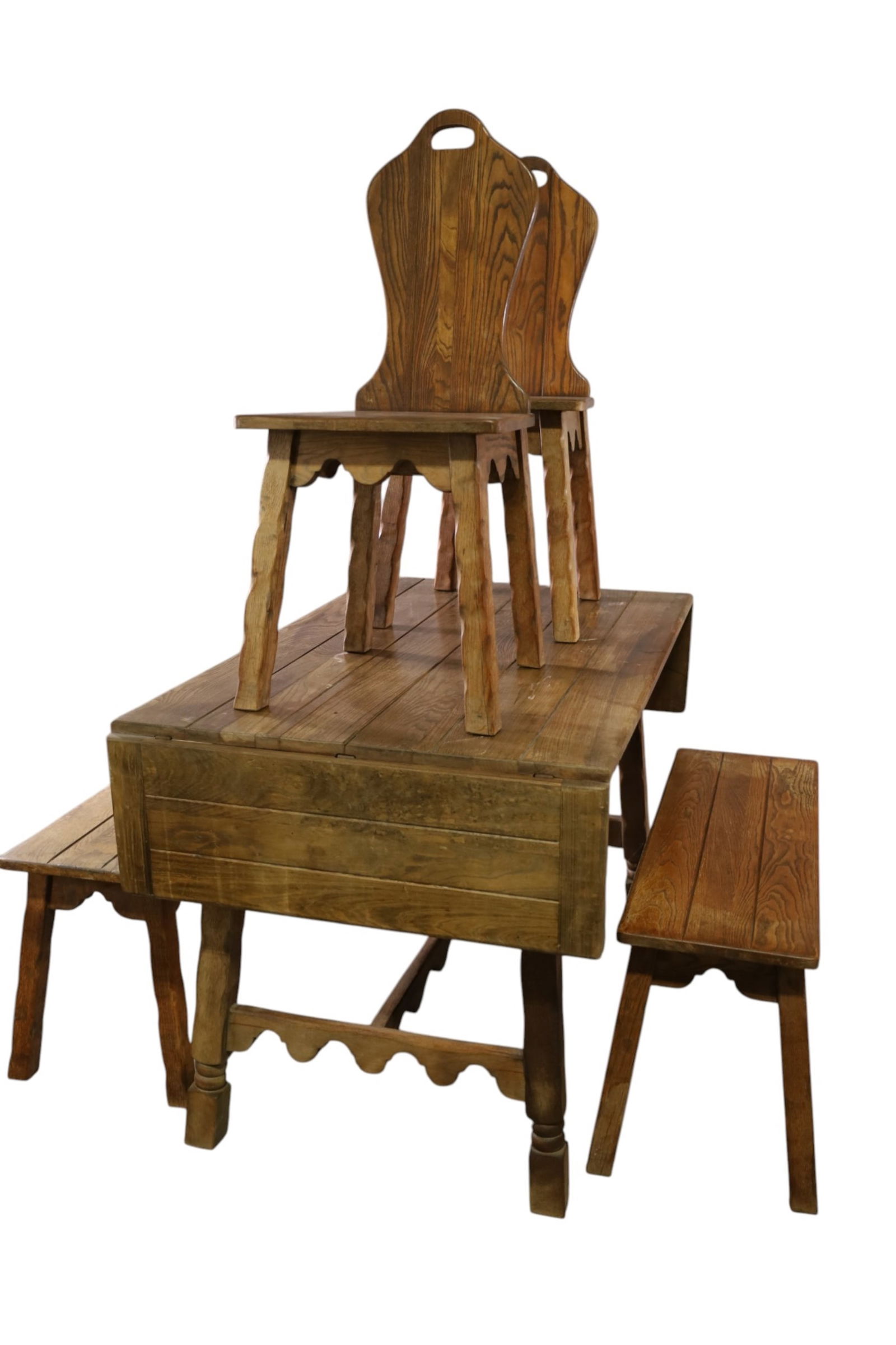 MONTEREY STYLE KITCHEN SET: MONTEREY STYLE, DROP LEAF TABLE WITH TWO CHAIRS, & 2 BENCHES. 48" L x 30 W x 30" H. (68" L W/ LEAVES). WEAR TO FINISH. THIS ITEM EXCEEDS SIZE LIMITATIONS FOR IN HOUSE SHIPPING, MUST BE PICKED UP