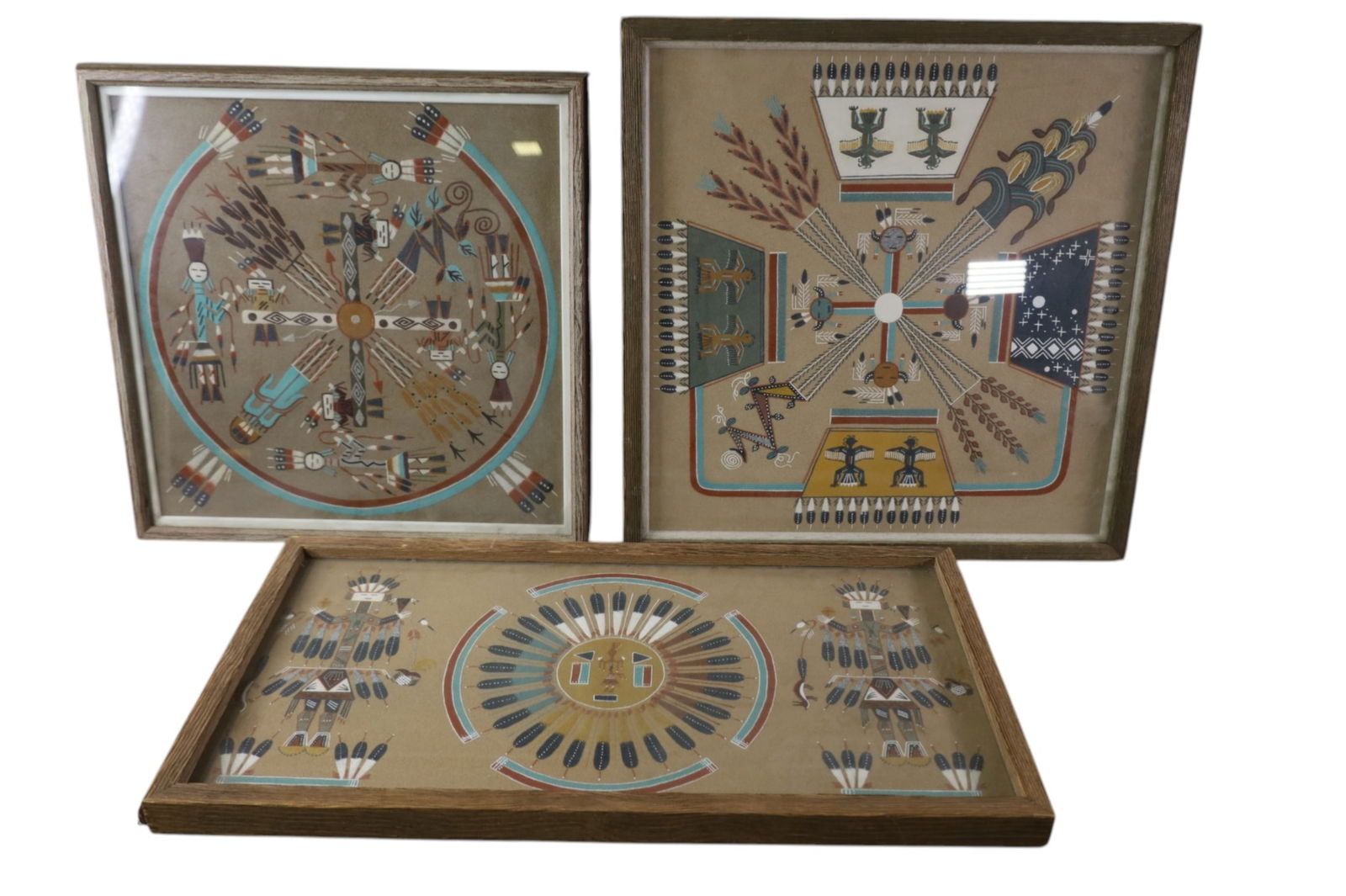 3 SAND PAINTINGS: 3 NATIVE AMERICAN SAND PAINTINGS, WHIRLING LOGS, BY CAROL TSOSIE & SUN AND EAGLE, GLADYS BEN, & STORM, WIND, LIGHTNING. 18" - 25"