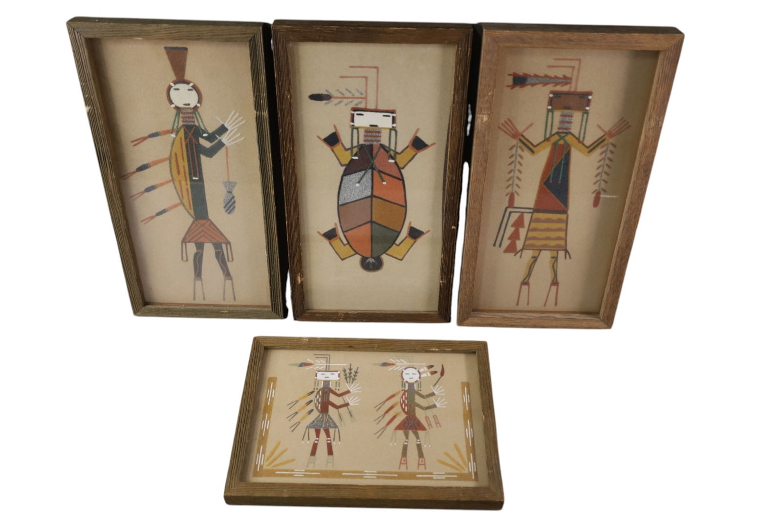 4 SAND PAINTINGS: 4 NATIVE AMERICAN SAND PAINTINGS, SIGNED A.. WATCHMAN. & JOHN BEGAY. 8 1/2" - 13" W.
