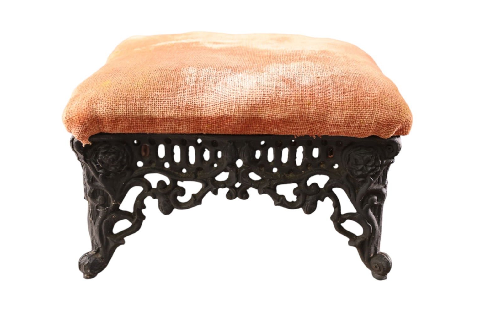 VICTORIAN FOOTSTOOL: IRON BASE VICTORIAN FOOTSTOOL. 14" W x 14" D x 9 H. THIS ITEM EXCEEDS SIZE LIMITATIONS FOR IN HOUSE SHIPPING, MUST BE PICKED UP IN HOUSE OR SHIPPED VIA 3rd PARTY GROUND SHIPPER.