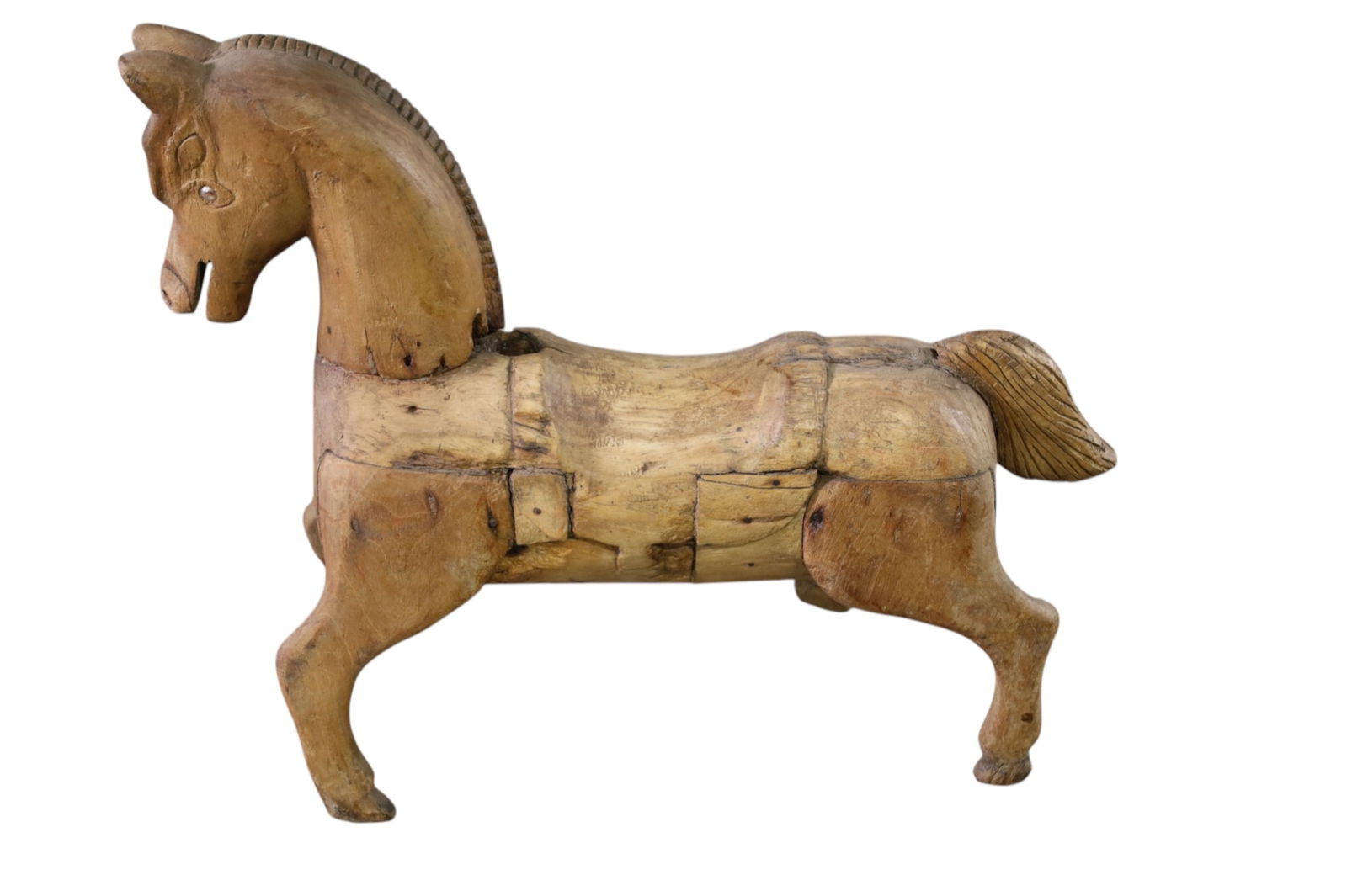 ANTIQUE WOODEN HORSE: FOLKART CARVED WOODEN HORSE, 32" L x 27" H. THIS ITEM EXCEEDS SIZE LIMITATIONS FOR IN HOUSE SHIPPING, MUST BE PICKED UP IN HOUSE OR SHIPPED VIA 3rd PARTY GROUND SHIPPER.