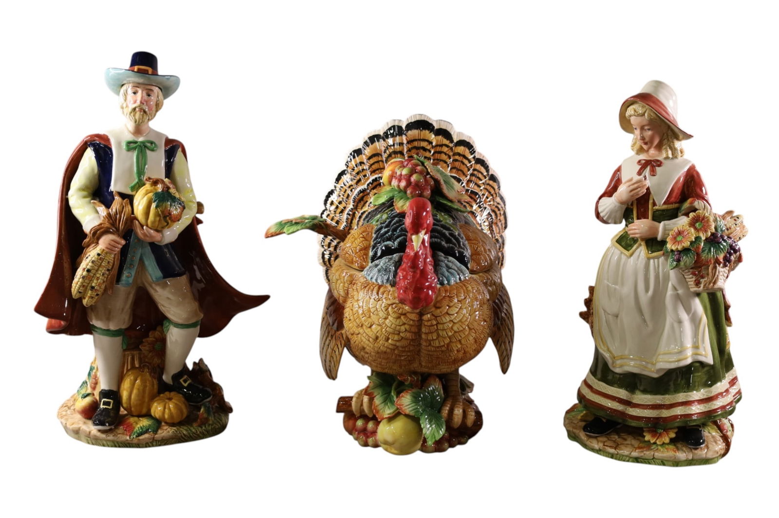 3 FITZ & FLOYD THANKSGIVING FIGURES: LARGE MALE AND FEMALE PILGRIM FIGURES, FITZ & FLOYD HARVEST HERITAGE FIGURES, WITH BOXES. 19" H. & COUNTRY GOURMET TURKEY TUREEN W/ LADLE, WITH BOX. 16" H.