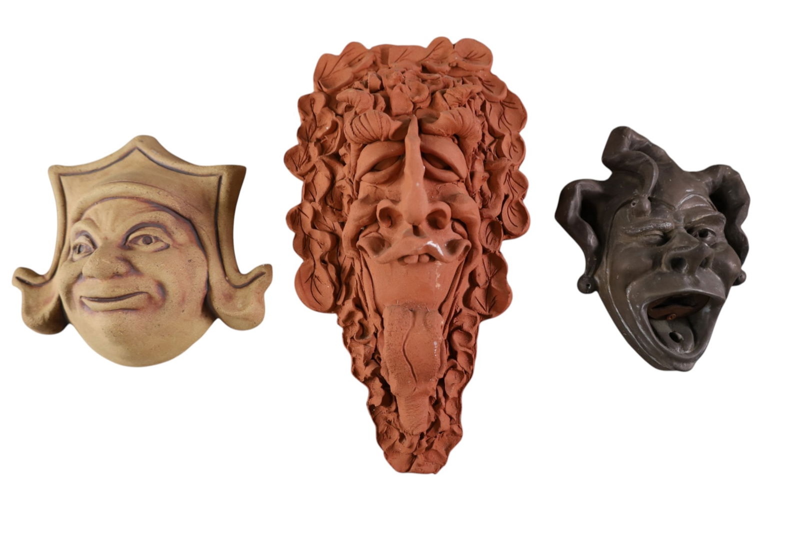 3 CLAY WALL HANGINGS: FIGURAL WALL ART, 7" - 13" H.