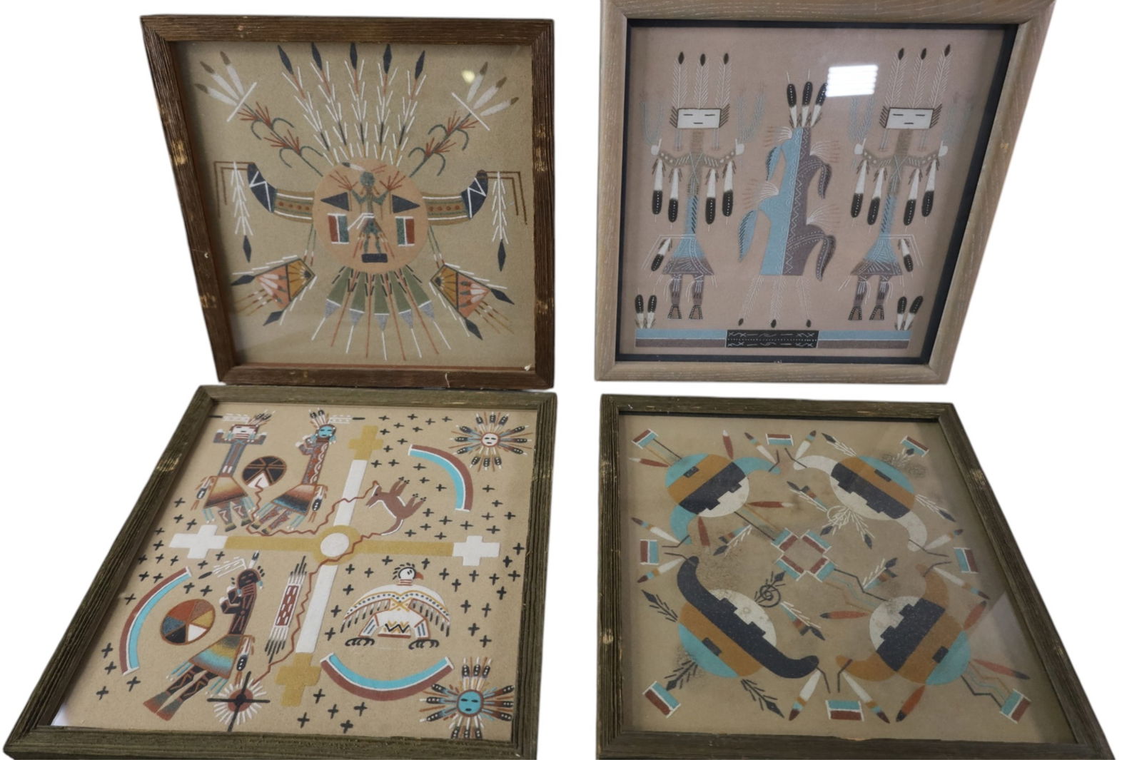 4 SAND PAINTINGS: 4 NATIVE AMERICAN SAND PAINTINGS, YEI AND CORN, COYOTE, BY TALAH. ONE HAS WATER DAMAGE. 13" X 13"