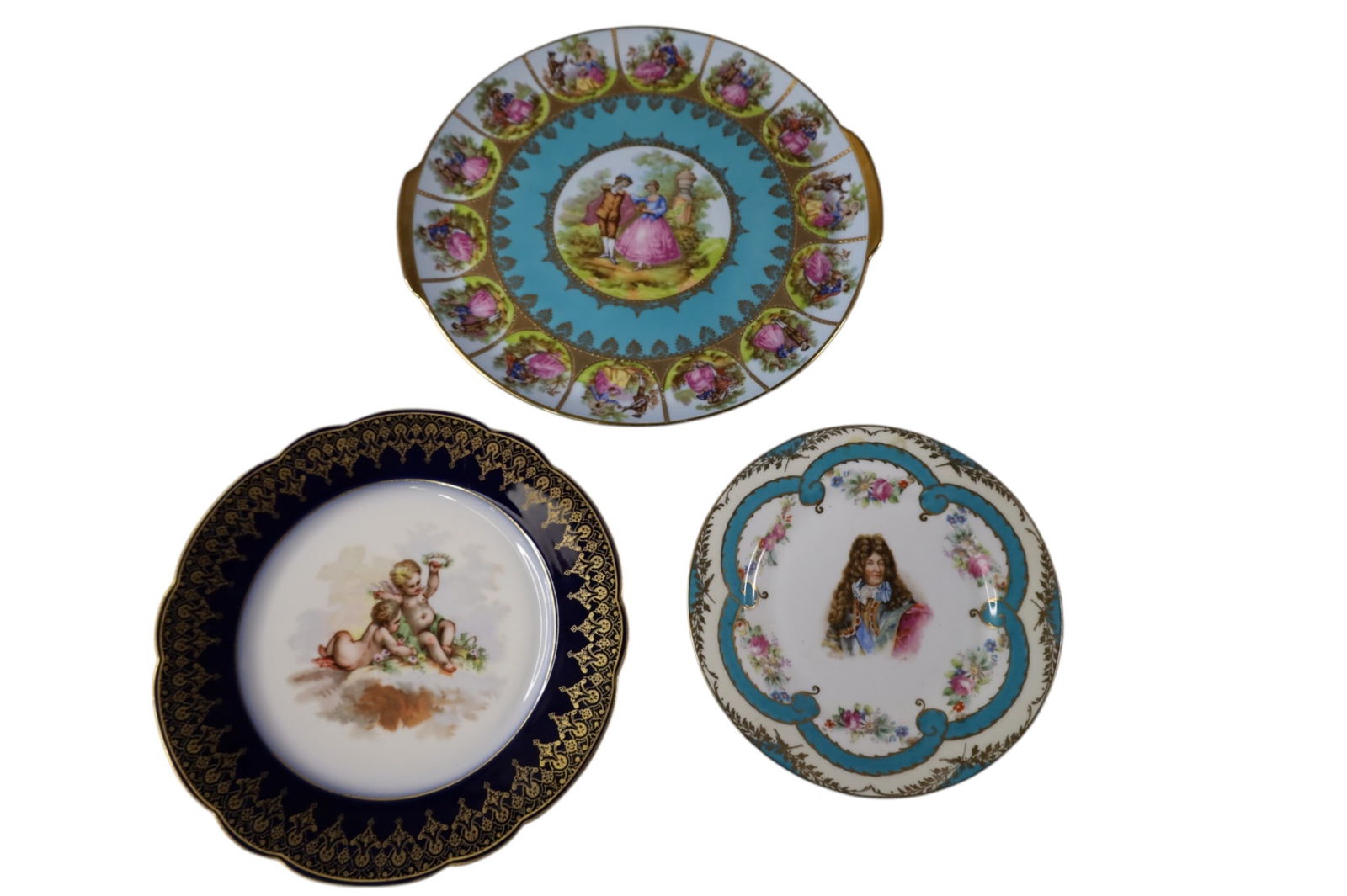 3 PORTRAIT PLATES: 3 PAINTED PORCELAIN PORTRAIT PLATES, 7 1/2" - 11" DIAM
