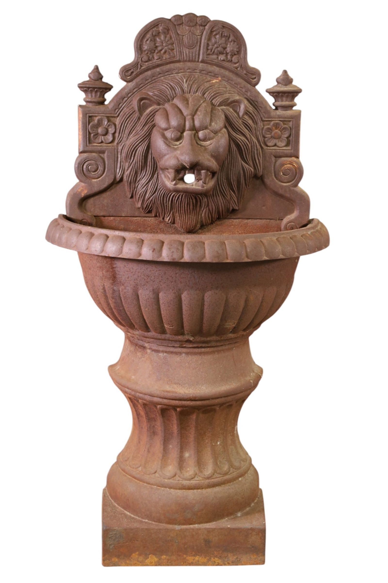 CAST IRON WALL FOUNTAIN: LARGE CAST IRON WALL FOUNTAIN, LION 27" W x 14" D x 51 H. THIS ITEM EXCEEDS SIZE LIMITATIONS FOR IN HOUSE SHIPPING, MUST BE PICKED UP IN HOUSE OR SHIPPED VIA 3rd PARTY GROUND SHIPPER.