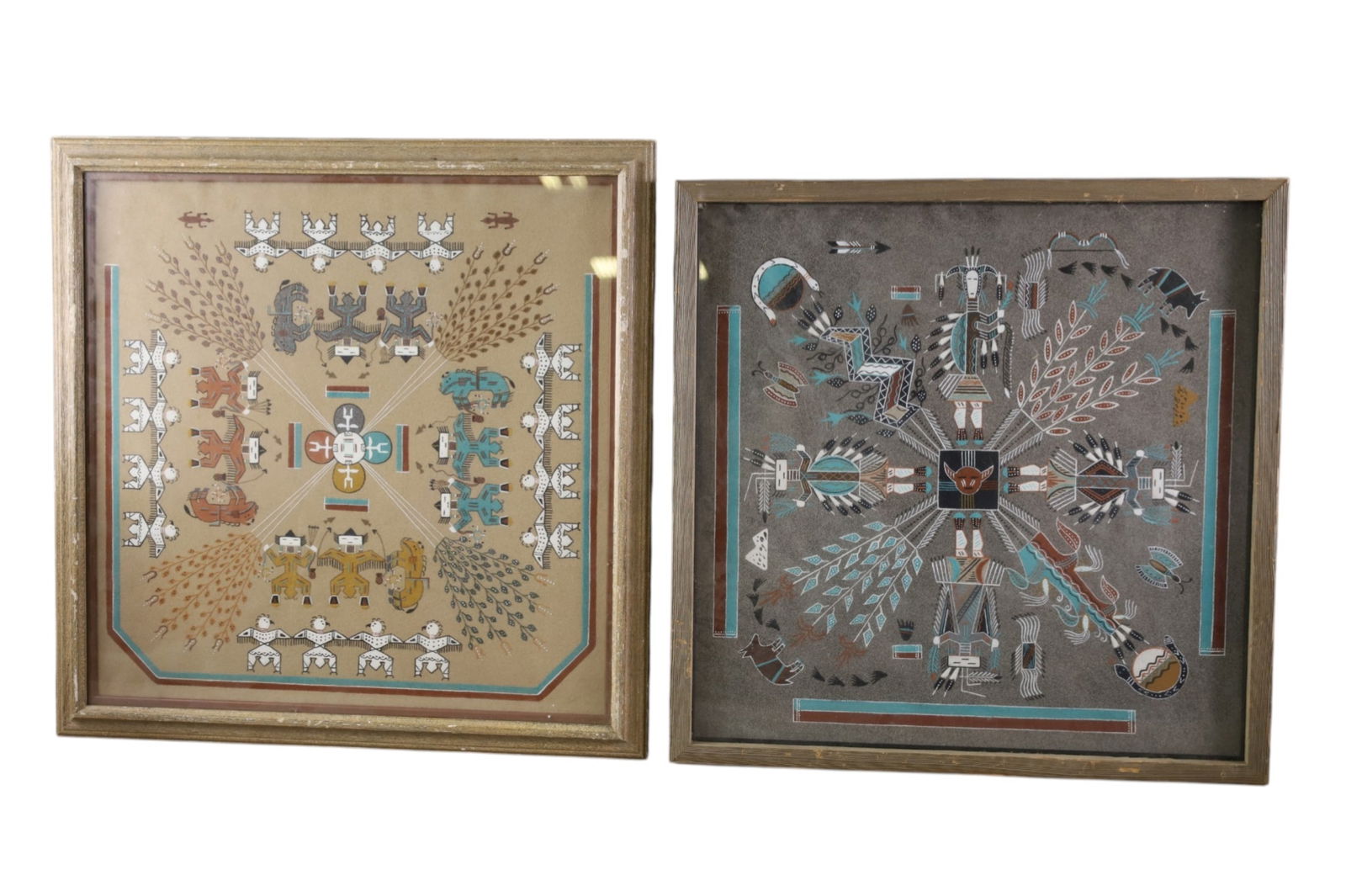 2 SAND PAINTINGS: 2 NATIVE AMERICAN SAND PAINTINGS, SKY PEOPLE, & HOME OF THE BEAR AND SNAKE. 19" - 21"