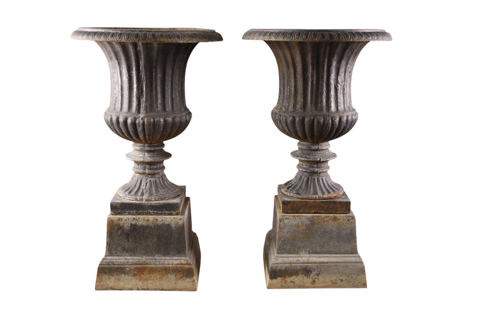 PAIR OF CAST IRON PLANTERS: PAIR OF TWO PIECE CAST IRON GARDEN PLANTERS. 16" H.