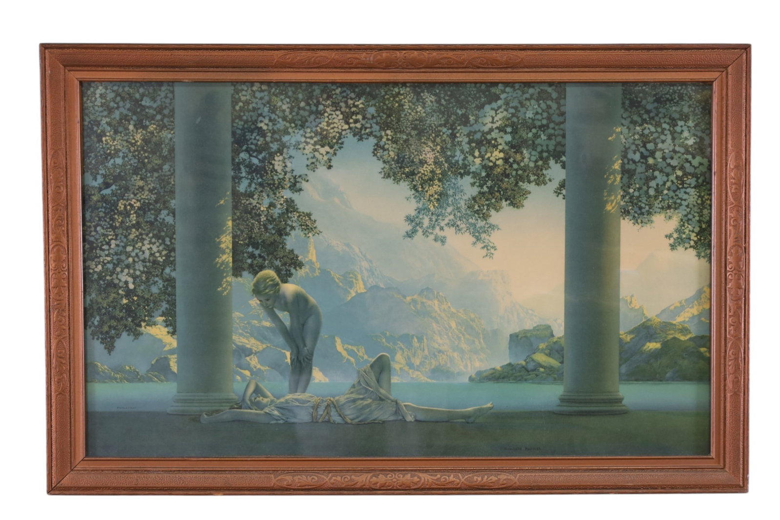 MAXFIELD PARRISH PRINT: LARGE MAXFIELD PARRISH FRAMED PRINT, TITLED DAYBREAK. MARKED THE HOUSE OF ARTS NY. 33" x 21"
