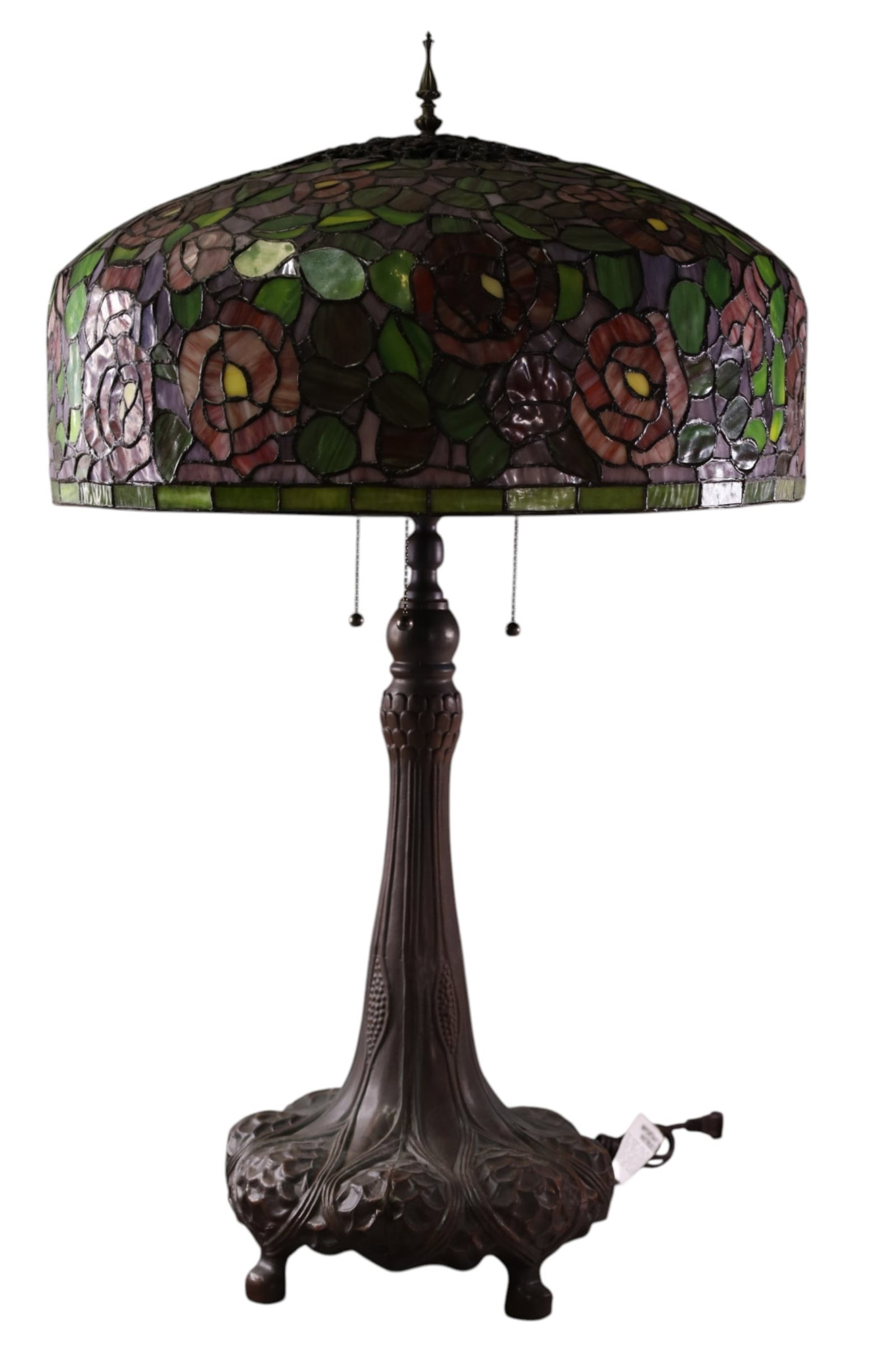 LARGE LEADED GLASS TABLE LAMP: LARGE CONTEMPORARY TIFFANY STYLE LEADED GLASS TABLE LAMP, LARGE FOOTED BASE. 37" H. THIS ITEM EXCEEDS SIZE LIMITATIONS FOR IN HOUSE SHIPPING, MUST BE PICKED UP IN HOUSE OR SHIPPED VIA 3rd PARTY GROUND