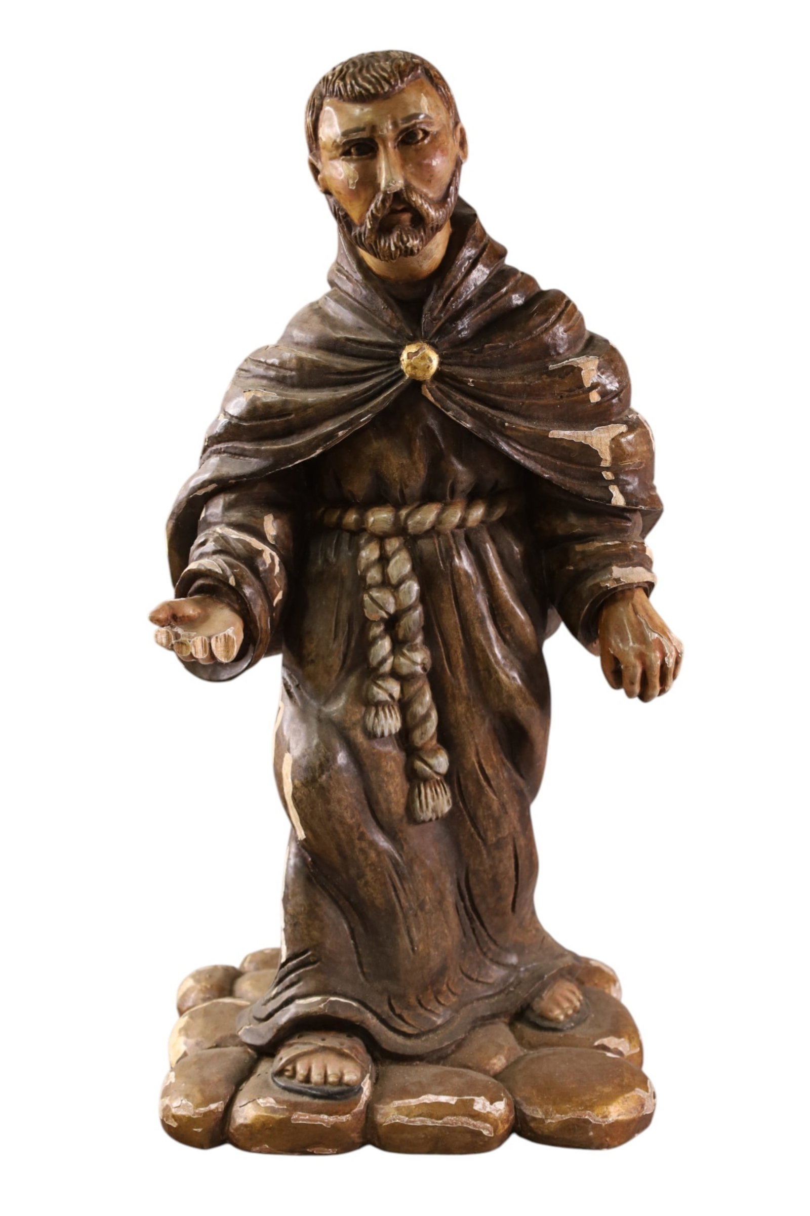 SPANISH COLONIAL FIGURE: POLYCHROME PAINTED, SIFUGRE OF A SAINT. DAMAGE TO FINGERS. 22" .H.