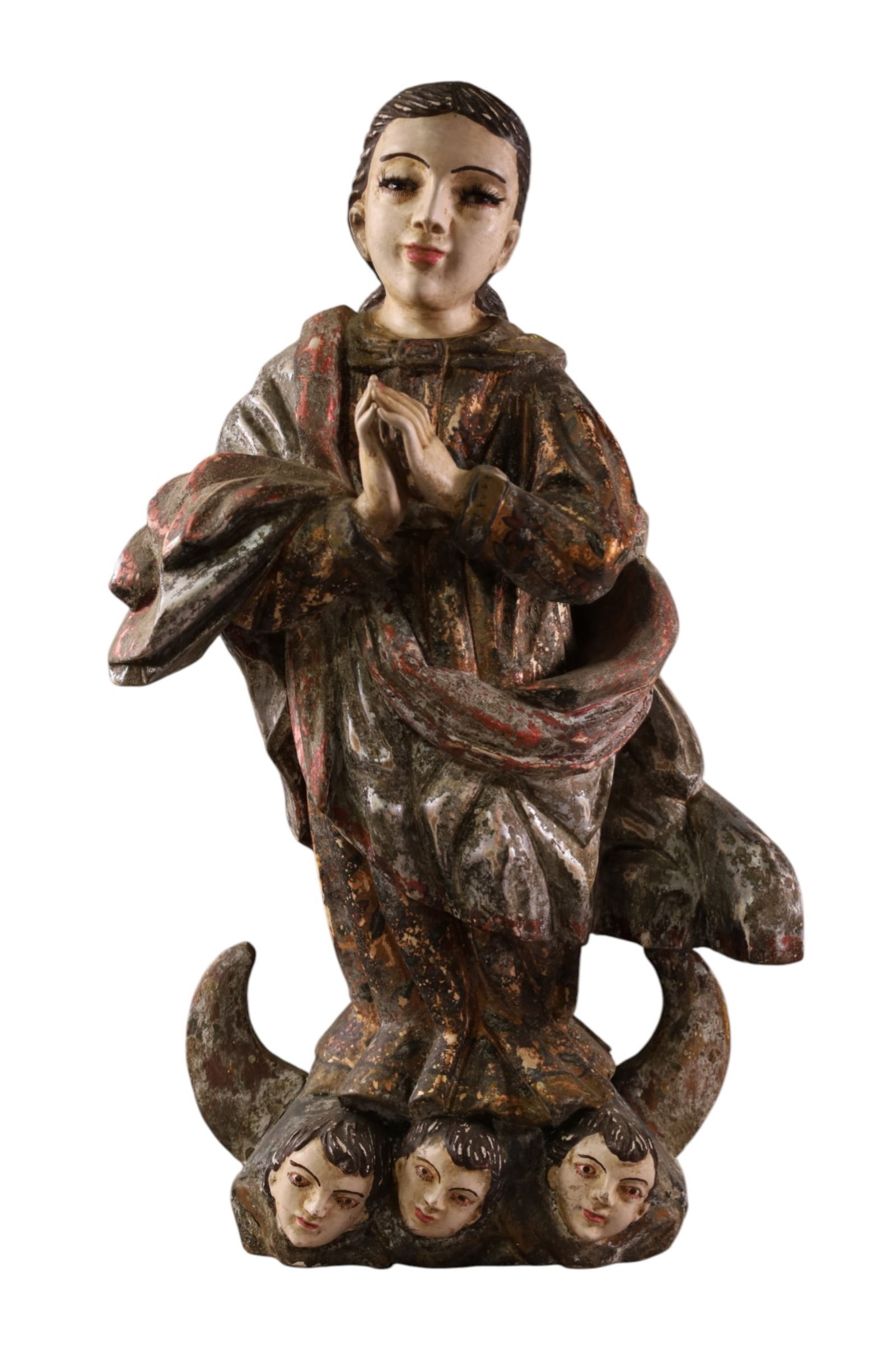 CARVED SANTO FIGURE: CARVED SANTO FIGURE OF THE VIRGIN MARY. 21" H.
