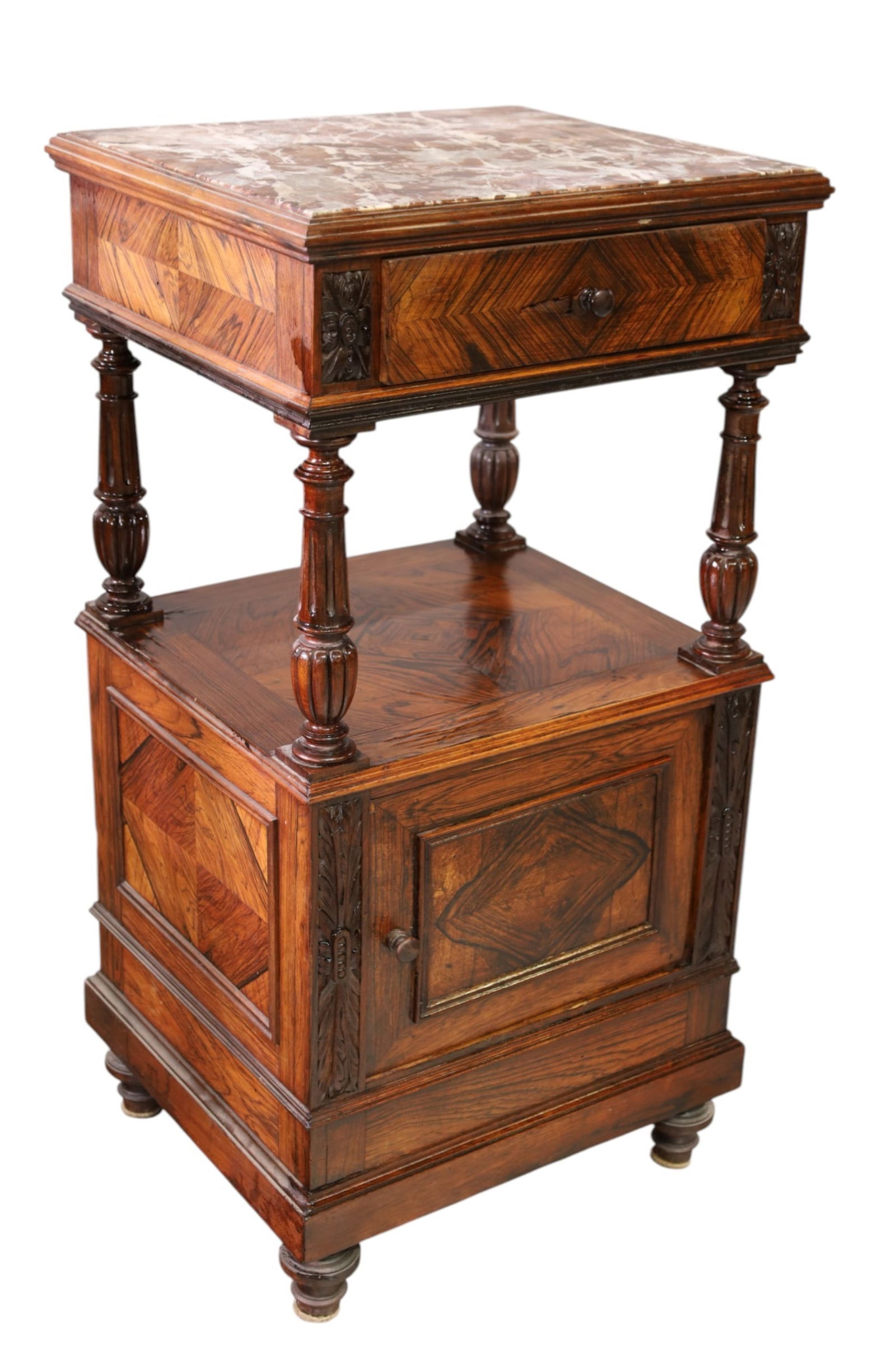 FRENCH MARBLE TOP NIGHTSTAND: SINGLE DOOR, MARBLE TOP NIGHTSTAND, PORCELAIN LINED INTERIOR. 17" x 15 D x 35" H. THIS ITEM EXCEEDS SIZE LIMITATIONS FOR IN HOUSE SHIPPING, MUST BE PICKED UP IN HOUSE OR SHIPPED VIA 3rd PARTY