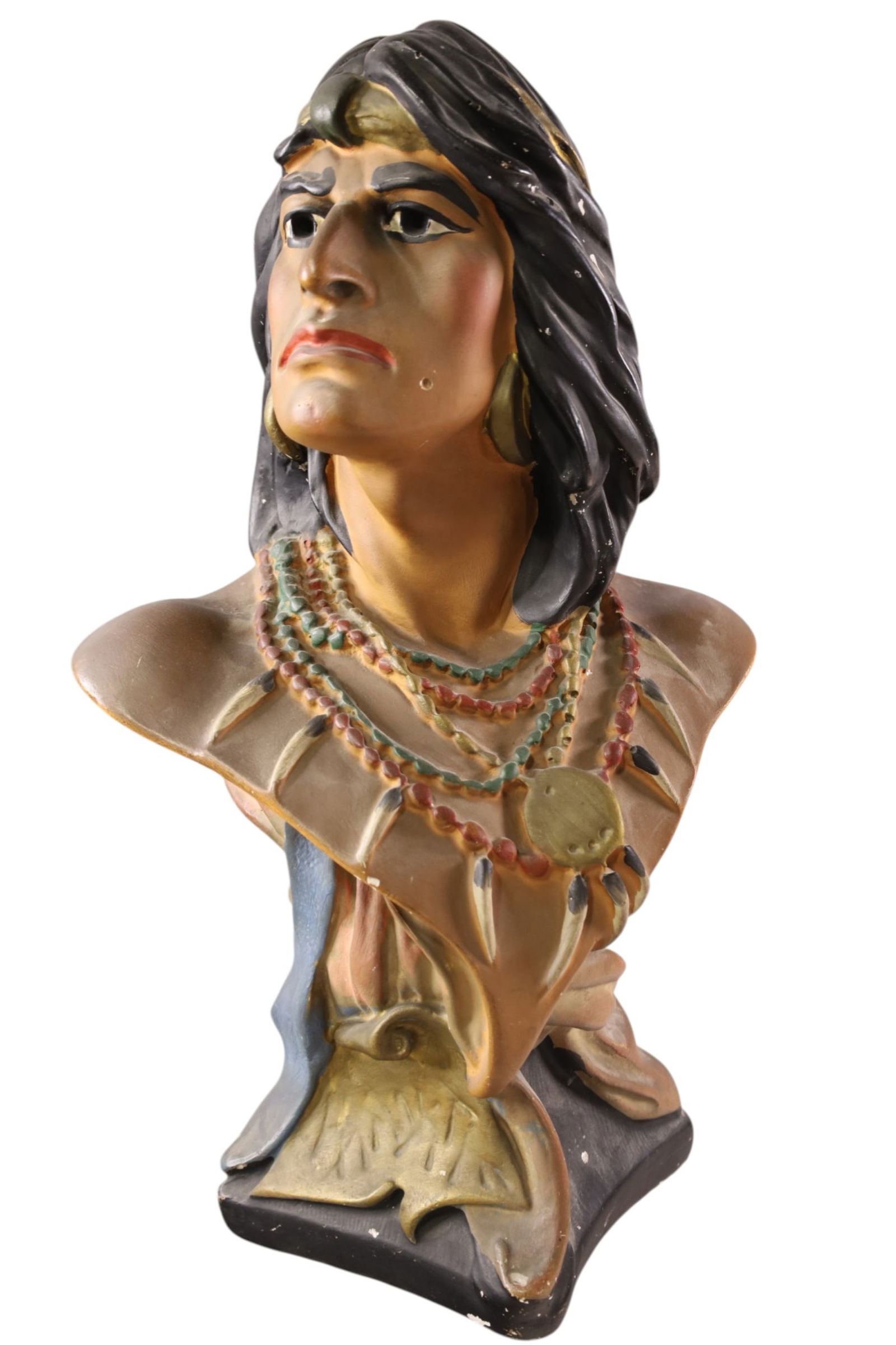 CHALKWARE BUST: NATIVE AMERICAN CHALKWARE BUST, SOME CHIPS. 20" H.