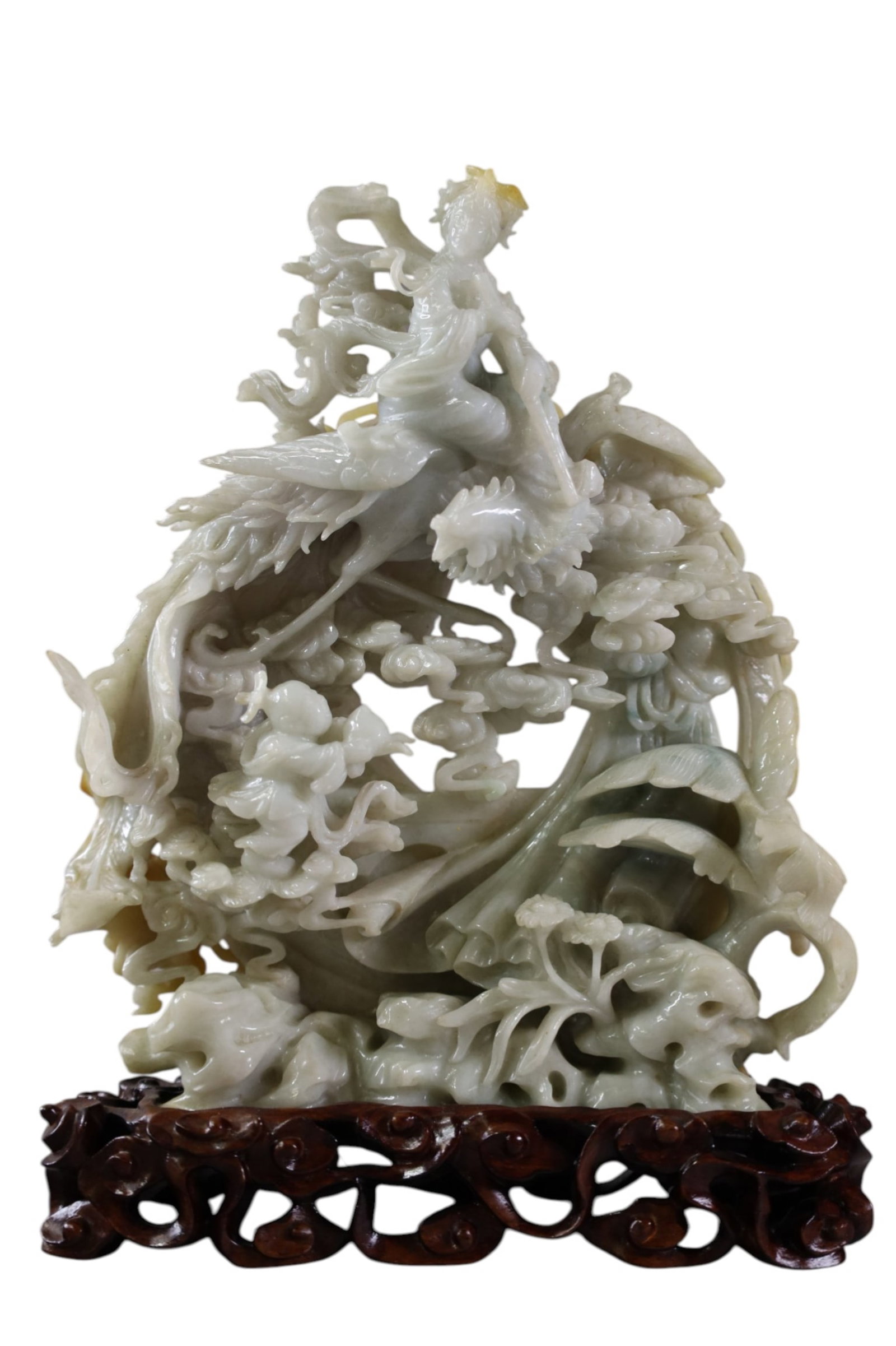 CHINESE JADE CARVING: HIGHLY CARVED JADE CARVING. ON WOODEN BASE. GOODESS HOLDING SHRINE. 9 1/2" H.