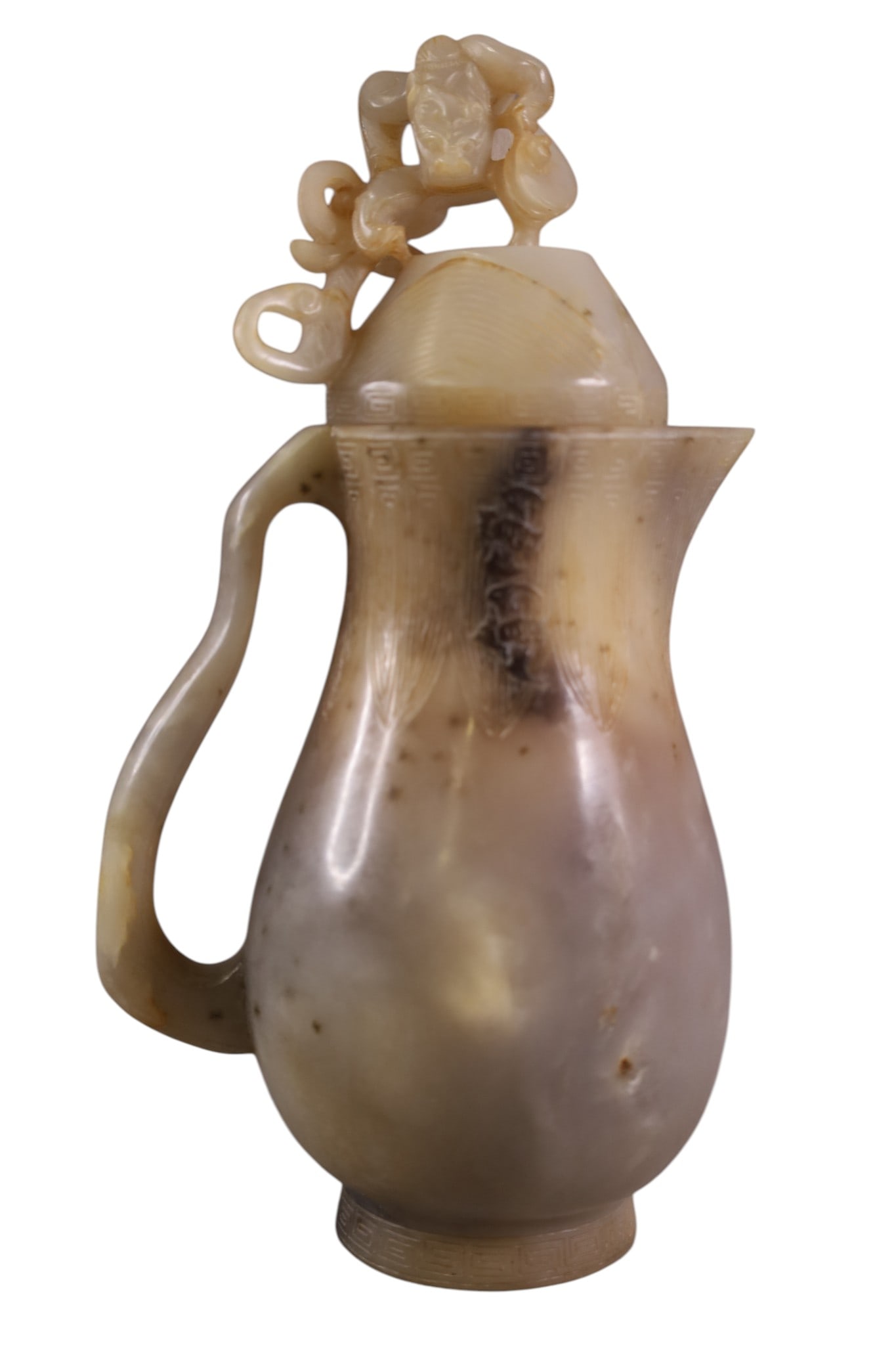 CHINESE STONE EWER: CARVED CHINESE STONE LIDDED EWER, WITH DRAGON MOTIF TOP. 10" H.